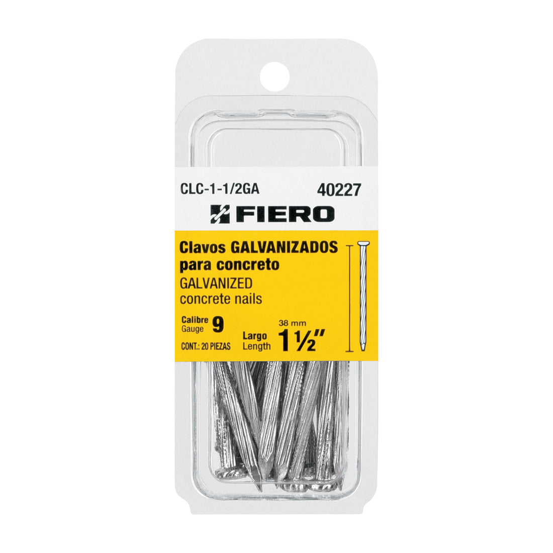 Blíster con 20 clavos galvanizados p/concreto 1-1/2", FIERO