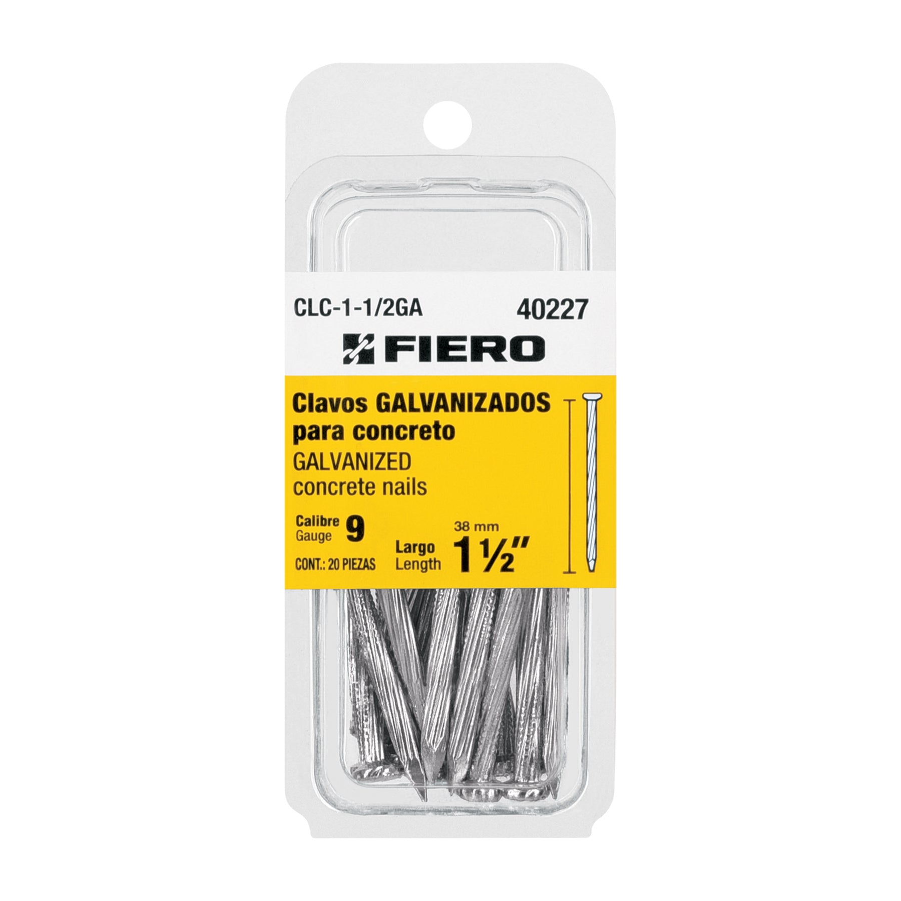 Blíster con 20 clavos galvanizados p/concreto 1-1/2", FIERO