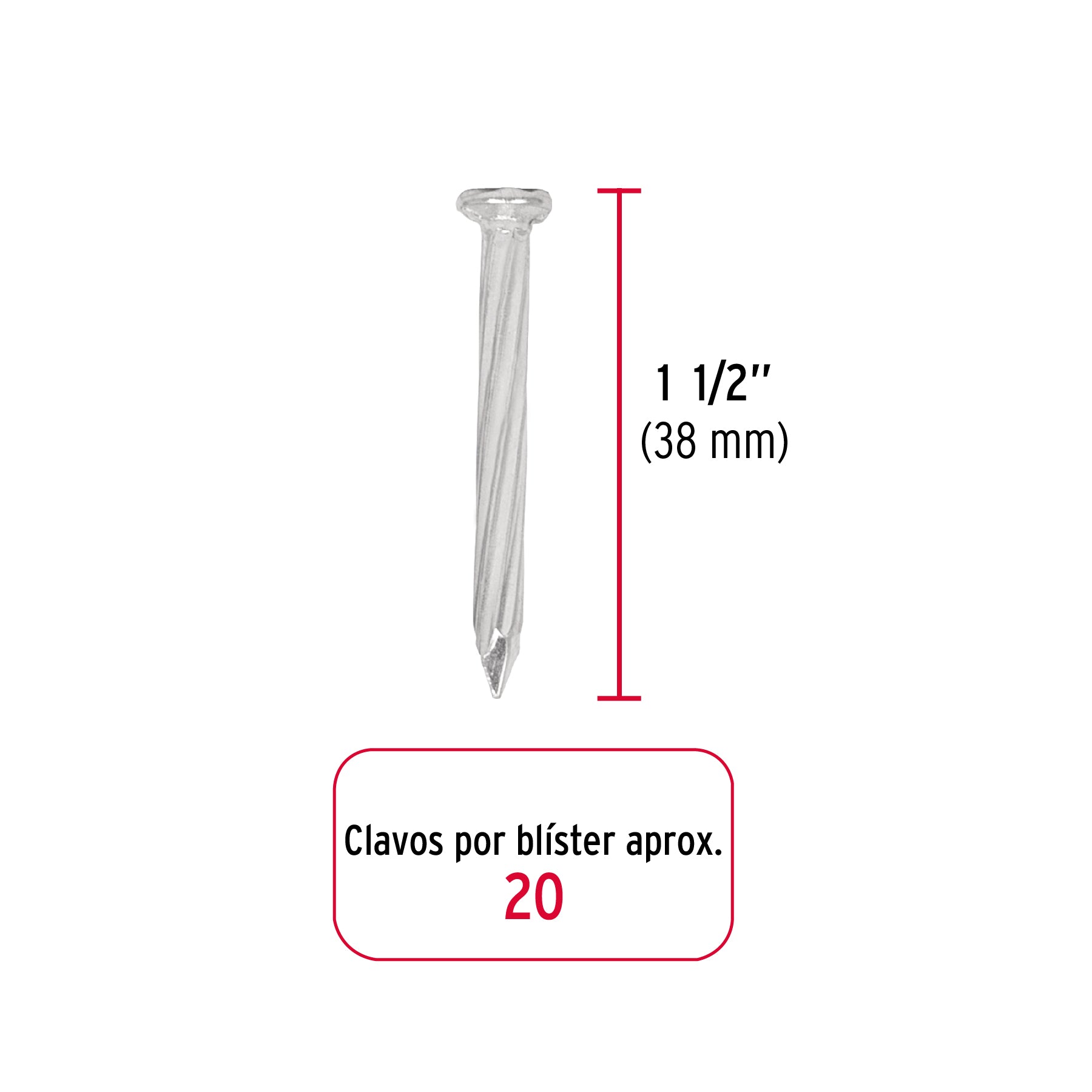Blíster con 20 clavos galvanizados p/concreto 1-1/2", FIERO