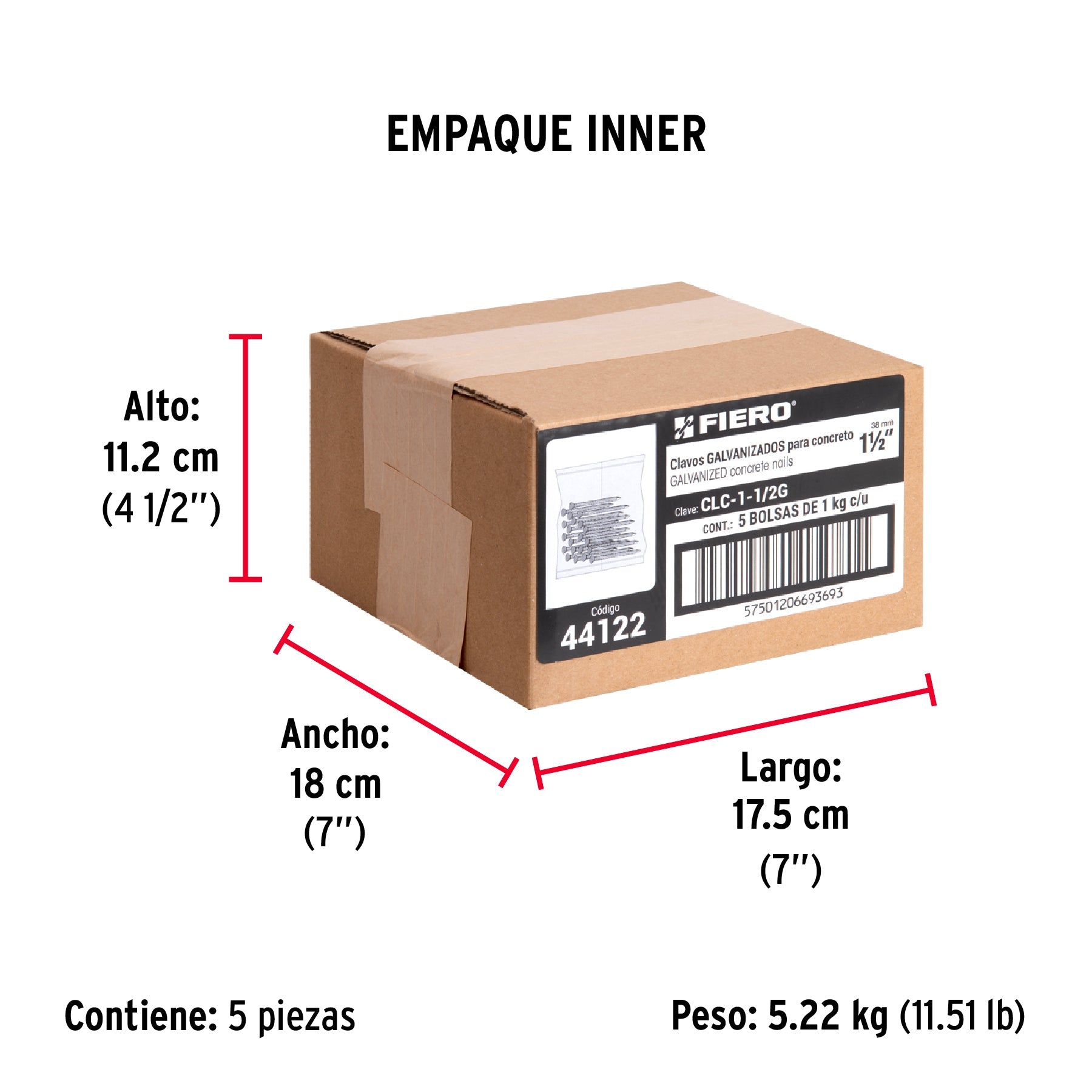 Bolsa con 1 kg de clavos para concreto galvanizados 1-1/2" - Empaque