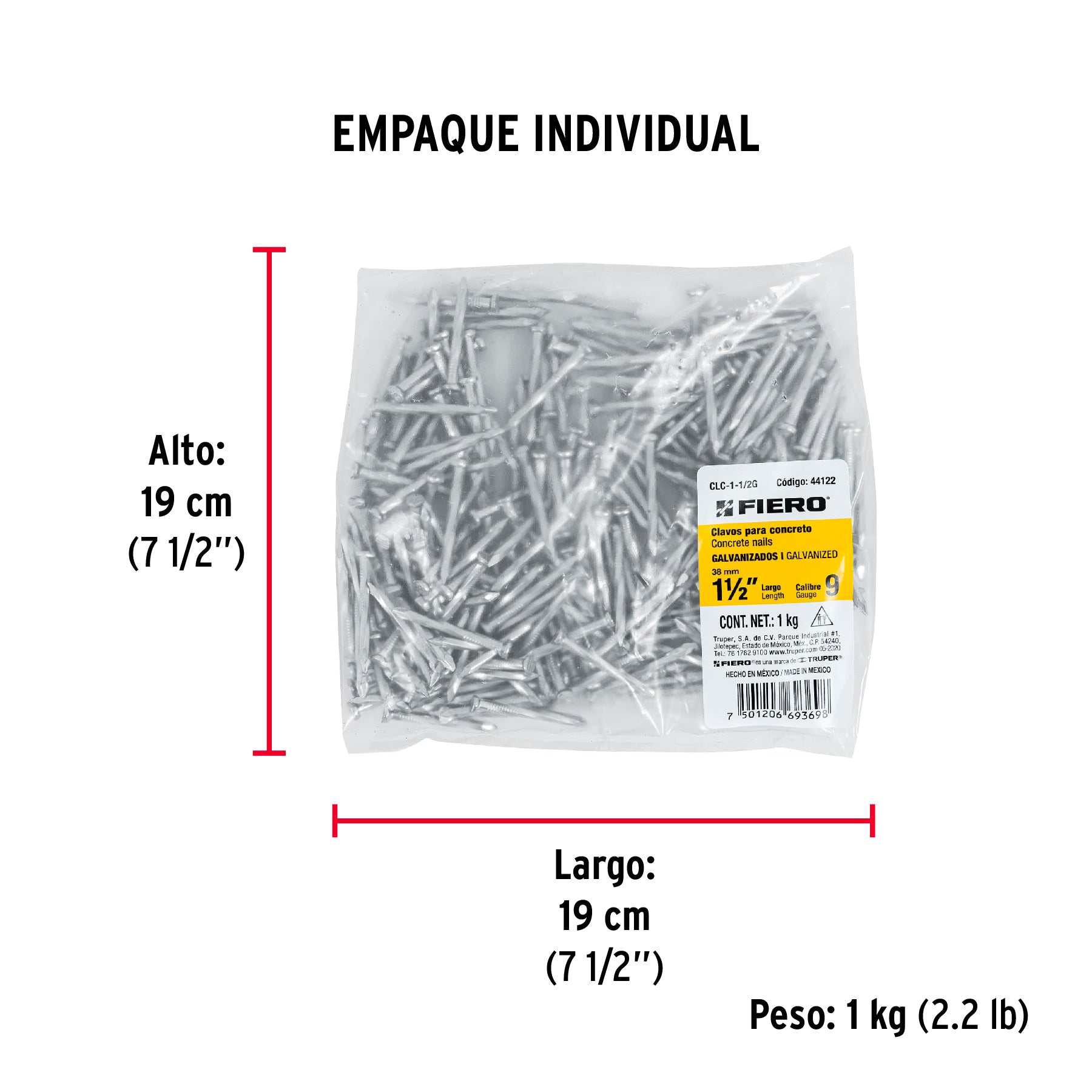 Bolsa con 1 kg de clavos para concreto galvanizados 1-1/2" - Empaque
