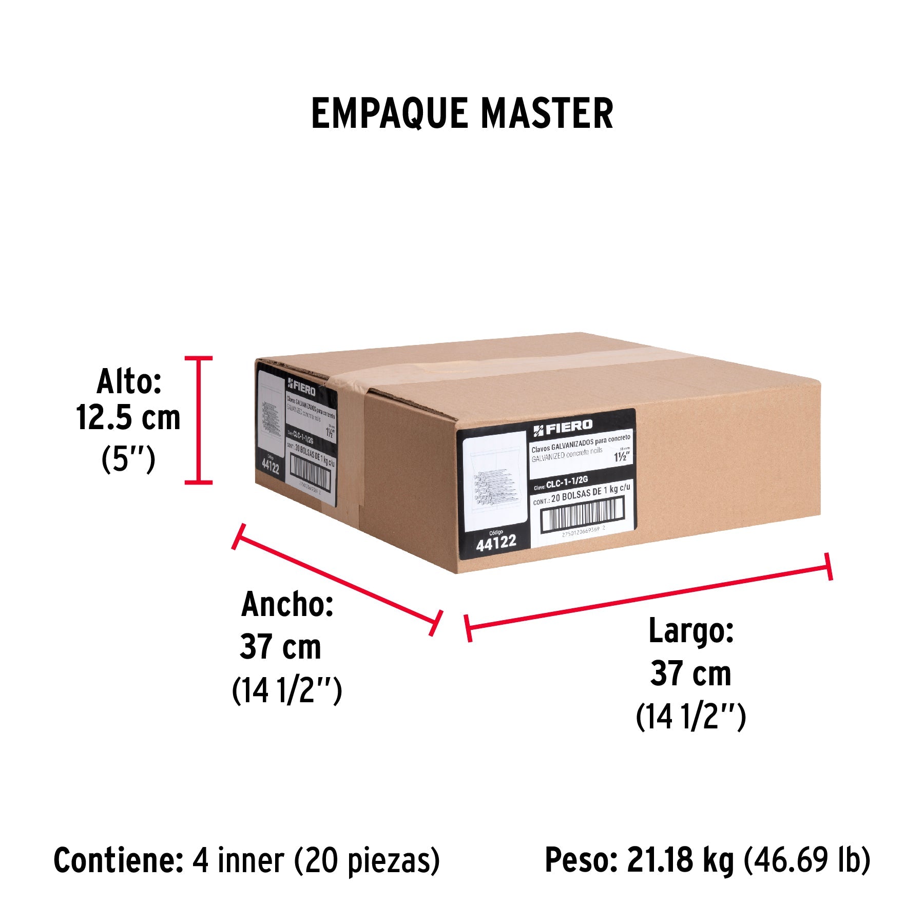 Bolsa con 1 kg de clavos para concreto galvanizados 1-1/2" - Empaque