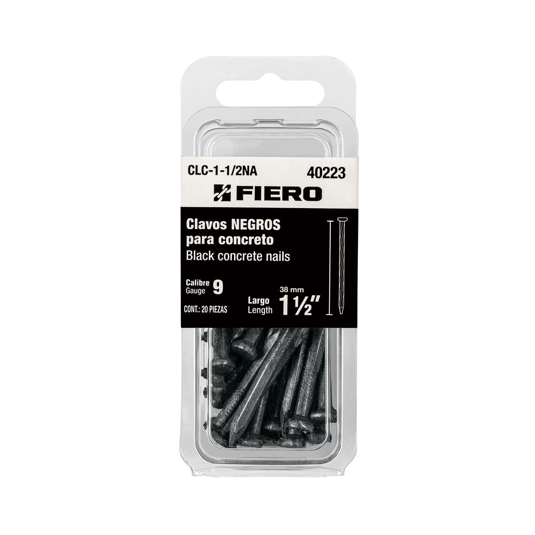 Blíster con 20 clavos negros para concreto 1-1/2", FIERO