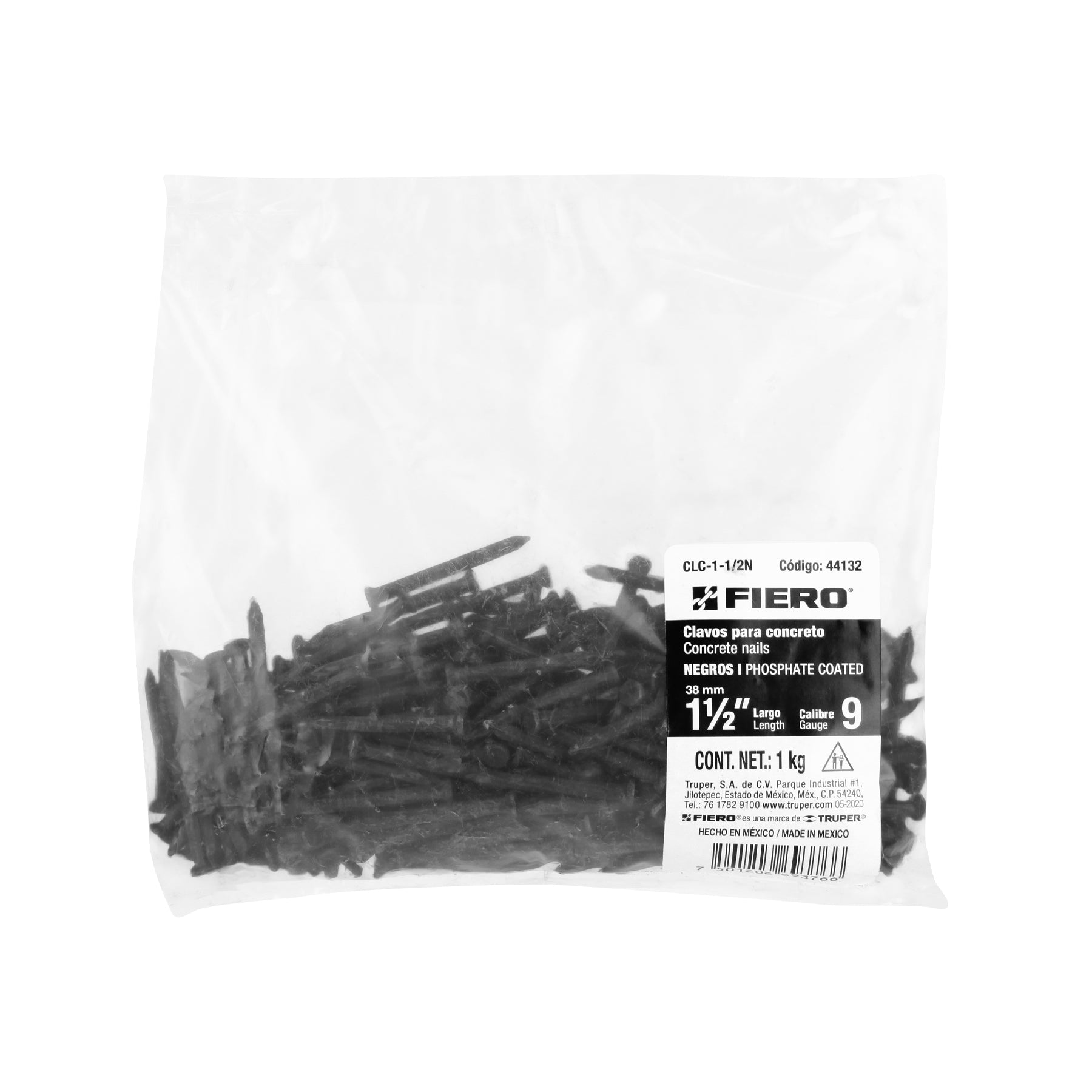 Bolsa con 1 kg de clavos para concreto negros 1-1/2", FIERO