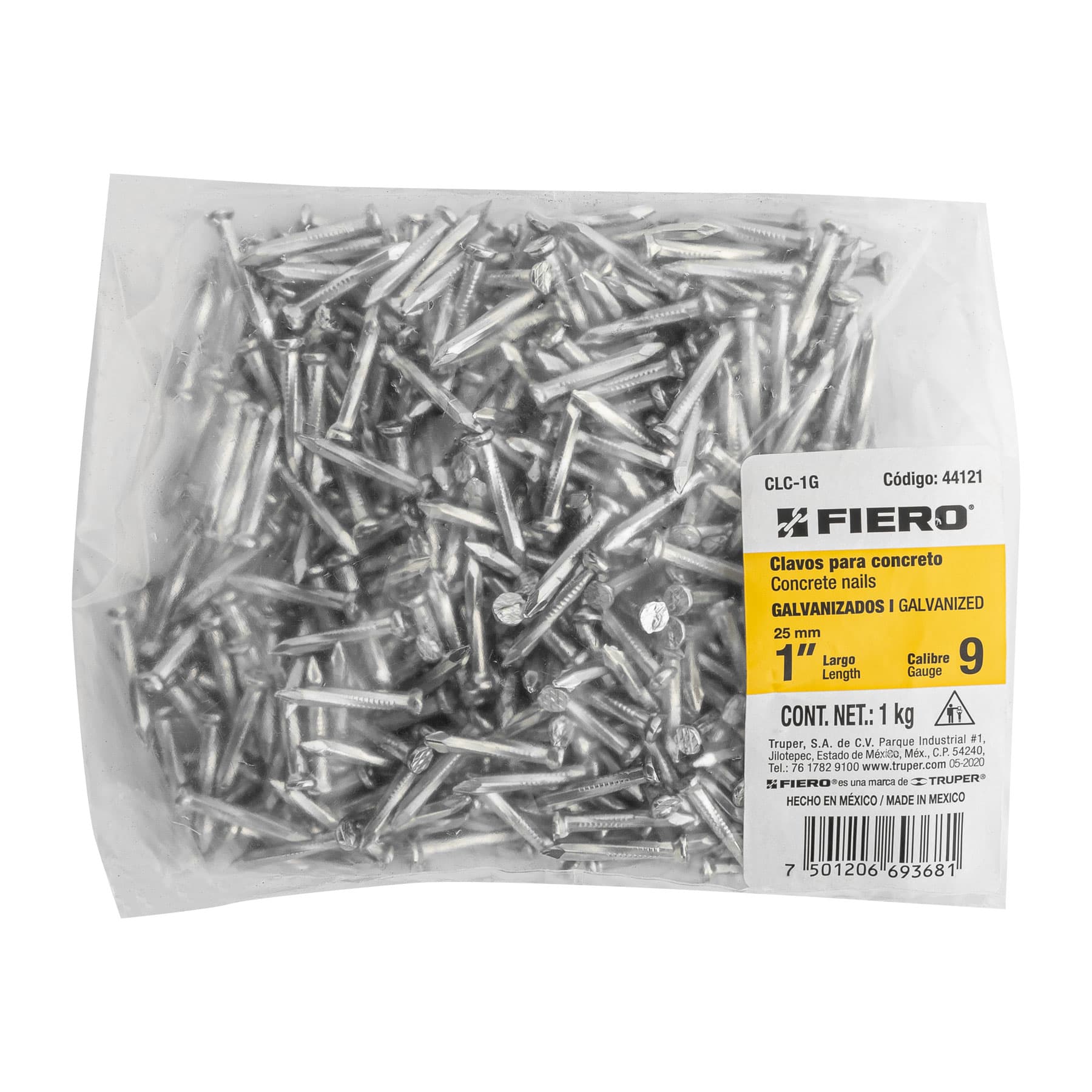 Bolsa con 1 kg de clavos para concreto galvanizados 1"