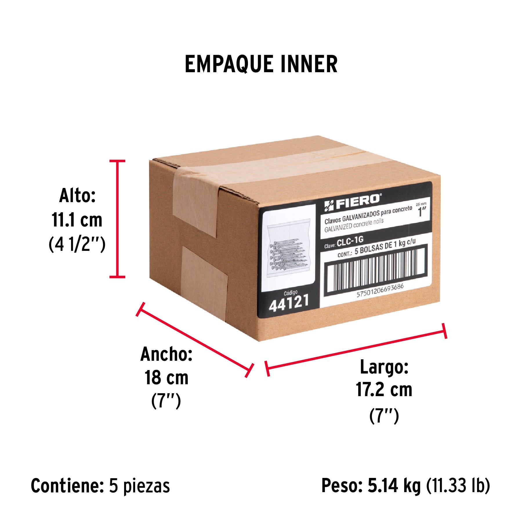 Bolsa con 1 kg de clavos para concreto galvanizados 1" - Empaque