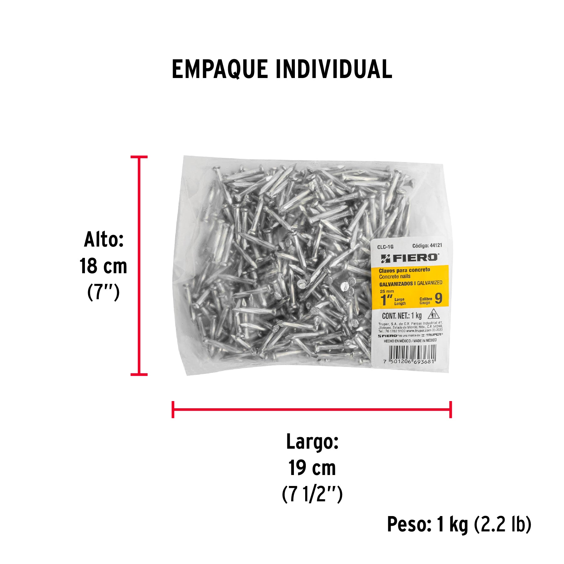 Bolsa con 1 kg de clavos para concreto galvanizados 1" - Empaque