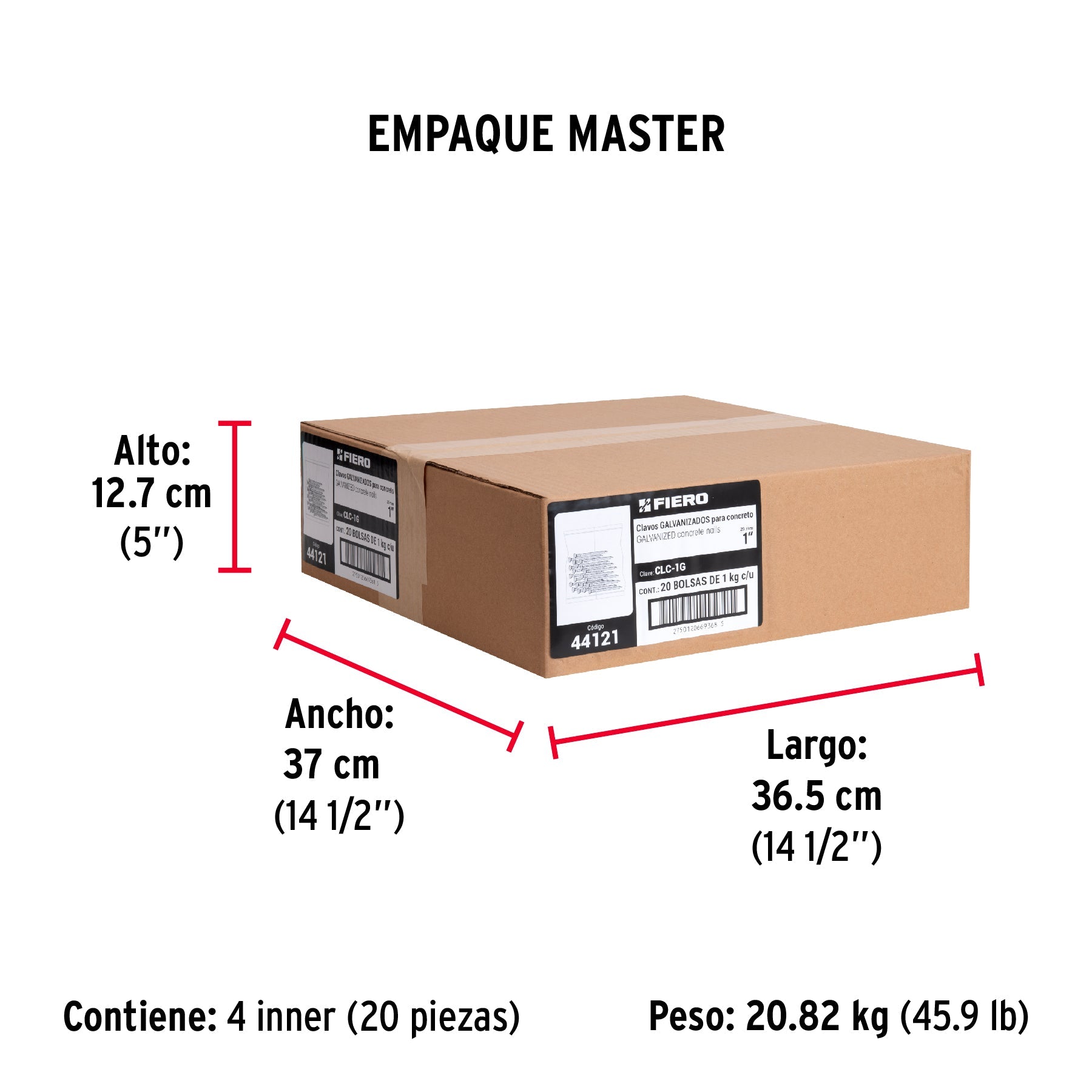 Bolsa con 1 kg de clavos para concreto galvanizados 1" - Empaque