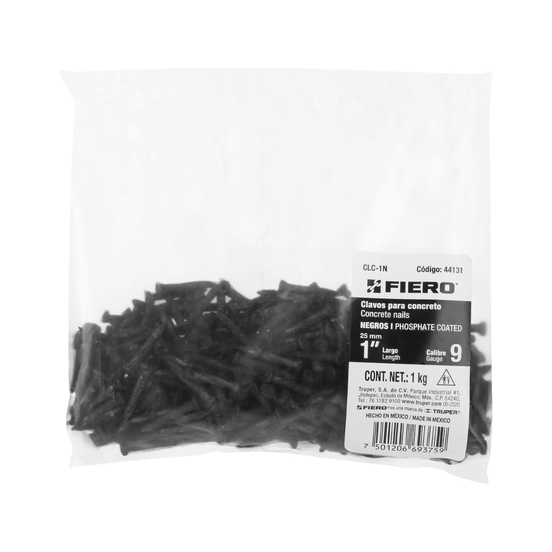 Bolsa con 1 kg de clavos para concreto negros 1", FIERO