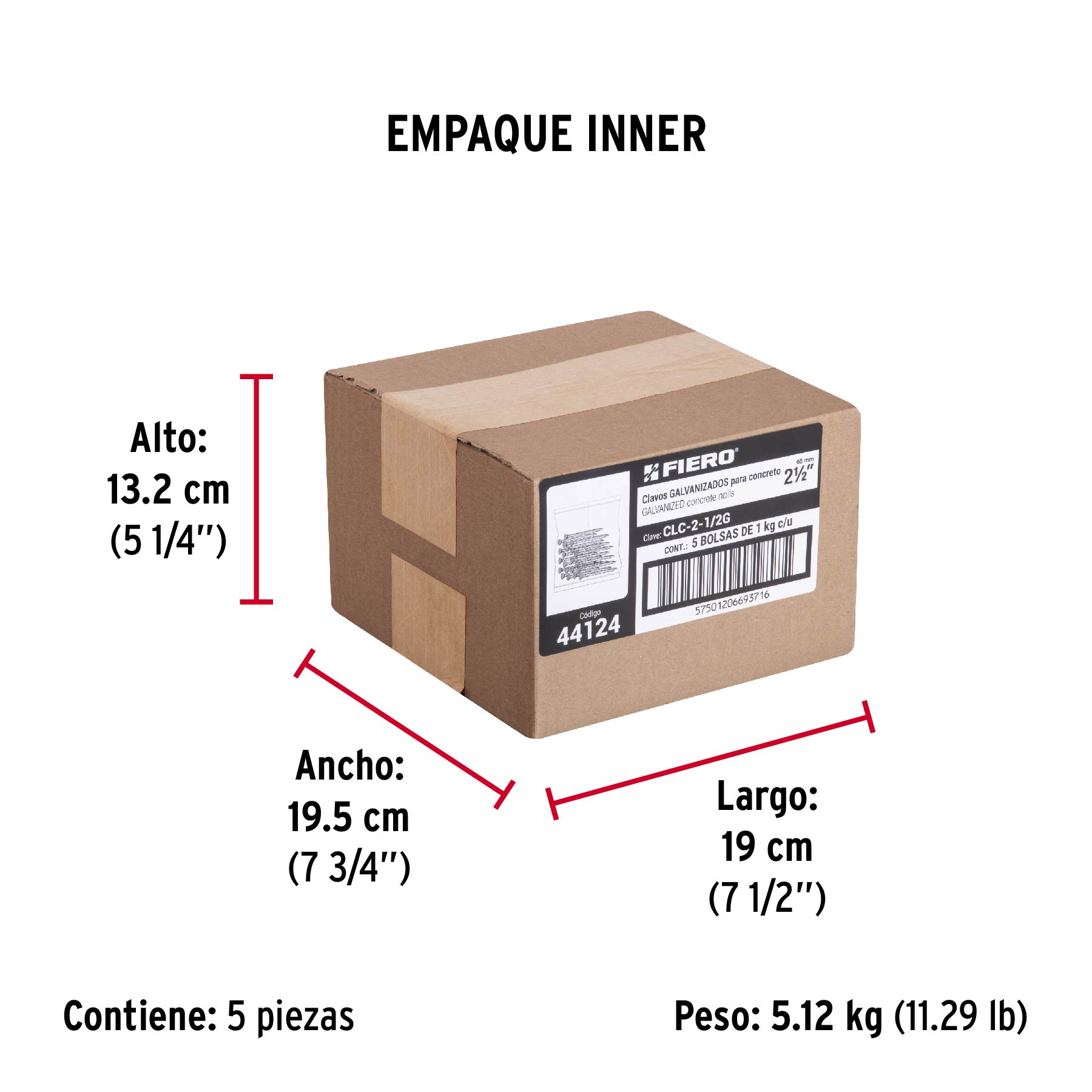 Bolsa con 1 kg de clavos para concreto galvanizados 2-1/2" - Empaque