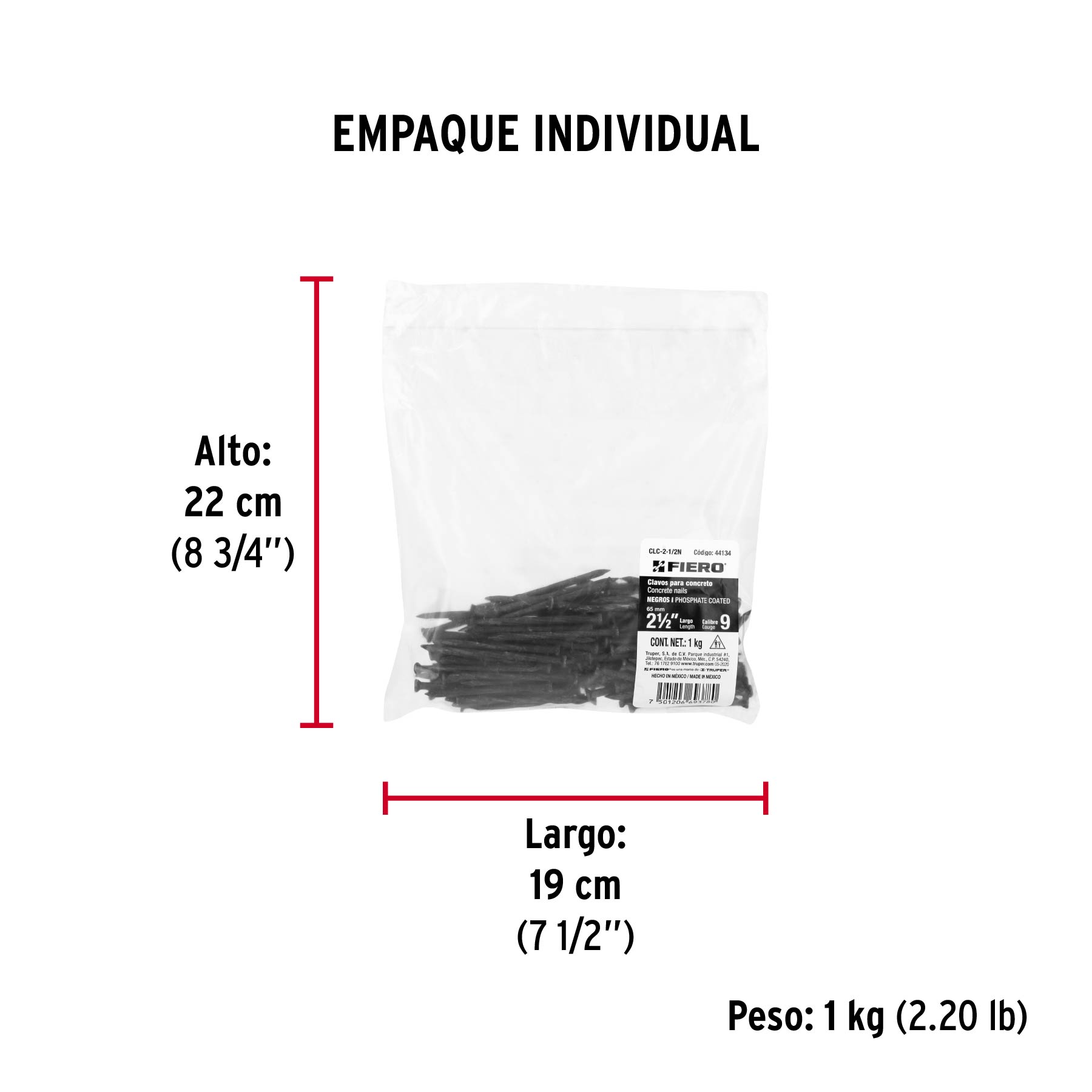 Bolsa con 1 kg de clavos para concreto negros 2-1/2", FIERO - Empaque