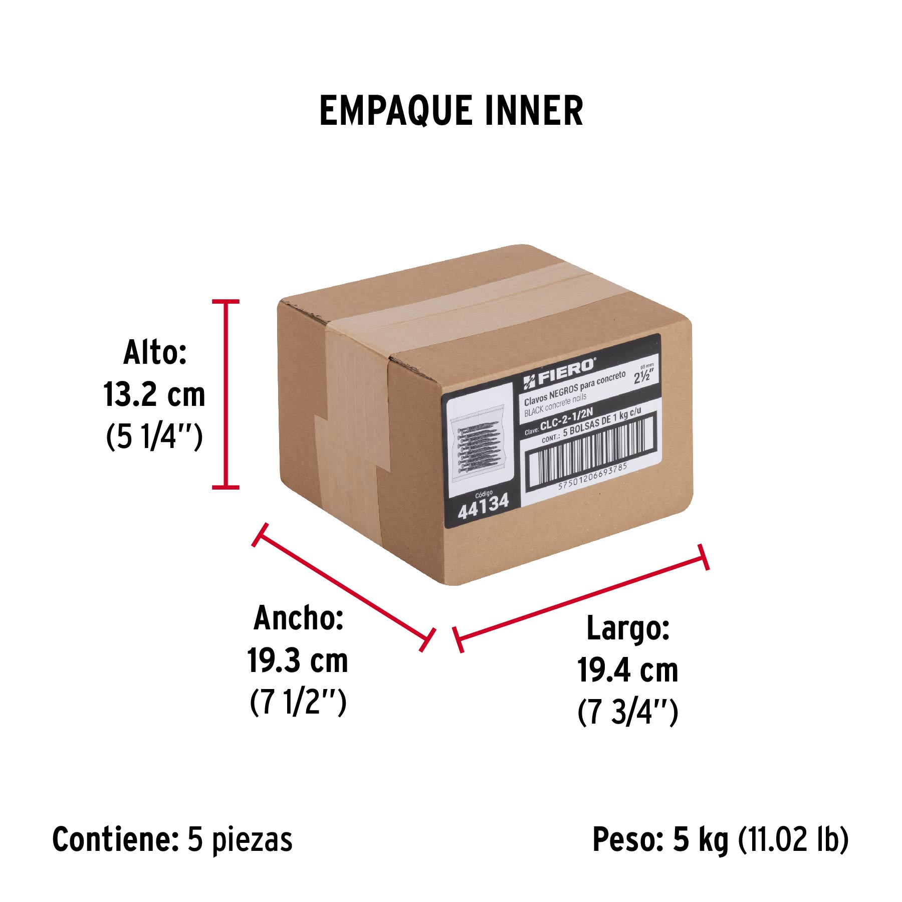 Bolsa con 1 kg de clavos para concreto negros 2-1/2", FIERO - Empaque