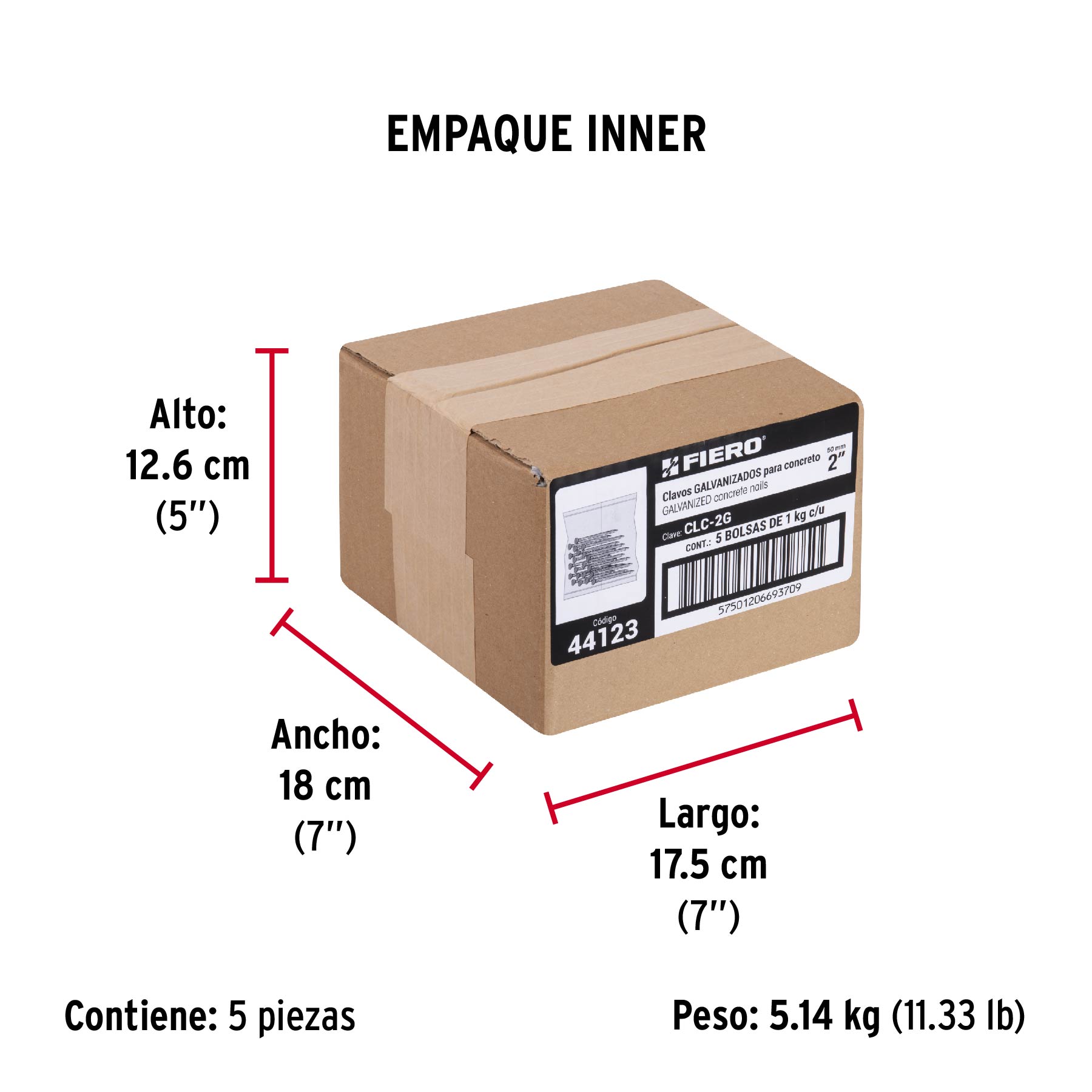 Bolsa con 1 kg de clavos para concreto galvanizados 2" - Empaque