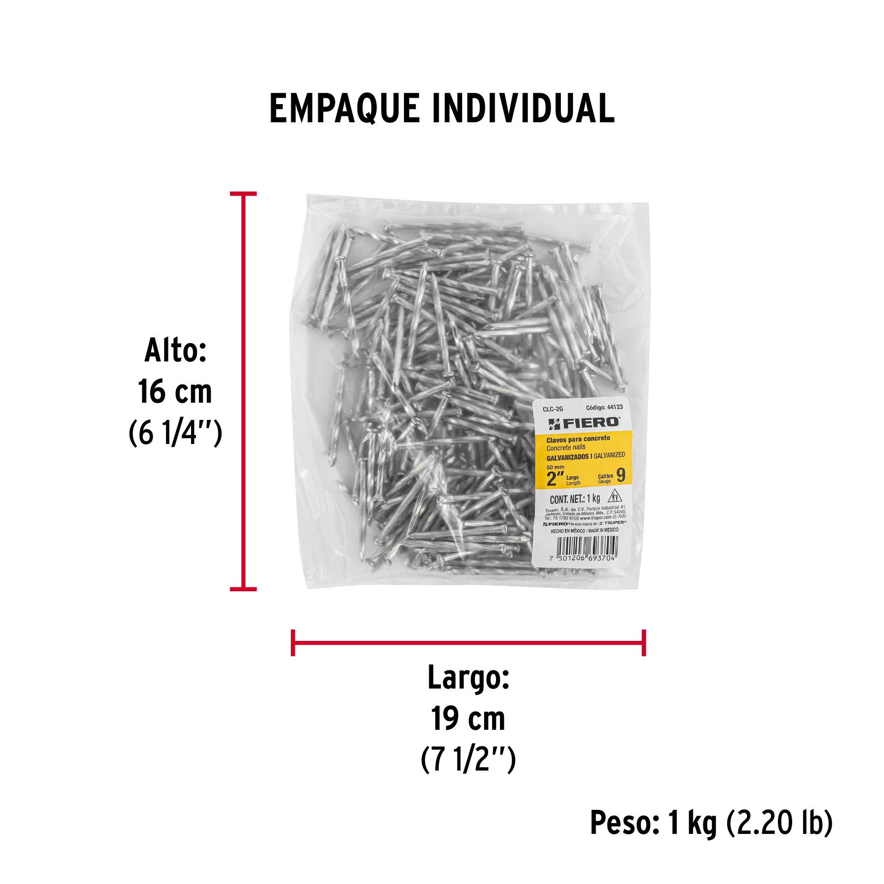 Bolsa con 1 kg de clavos para concreto galvanizados 2" - Empaque