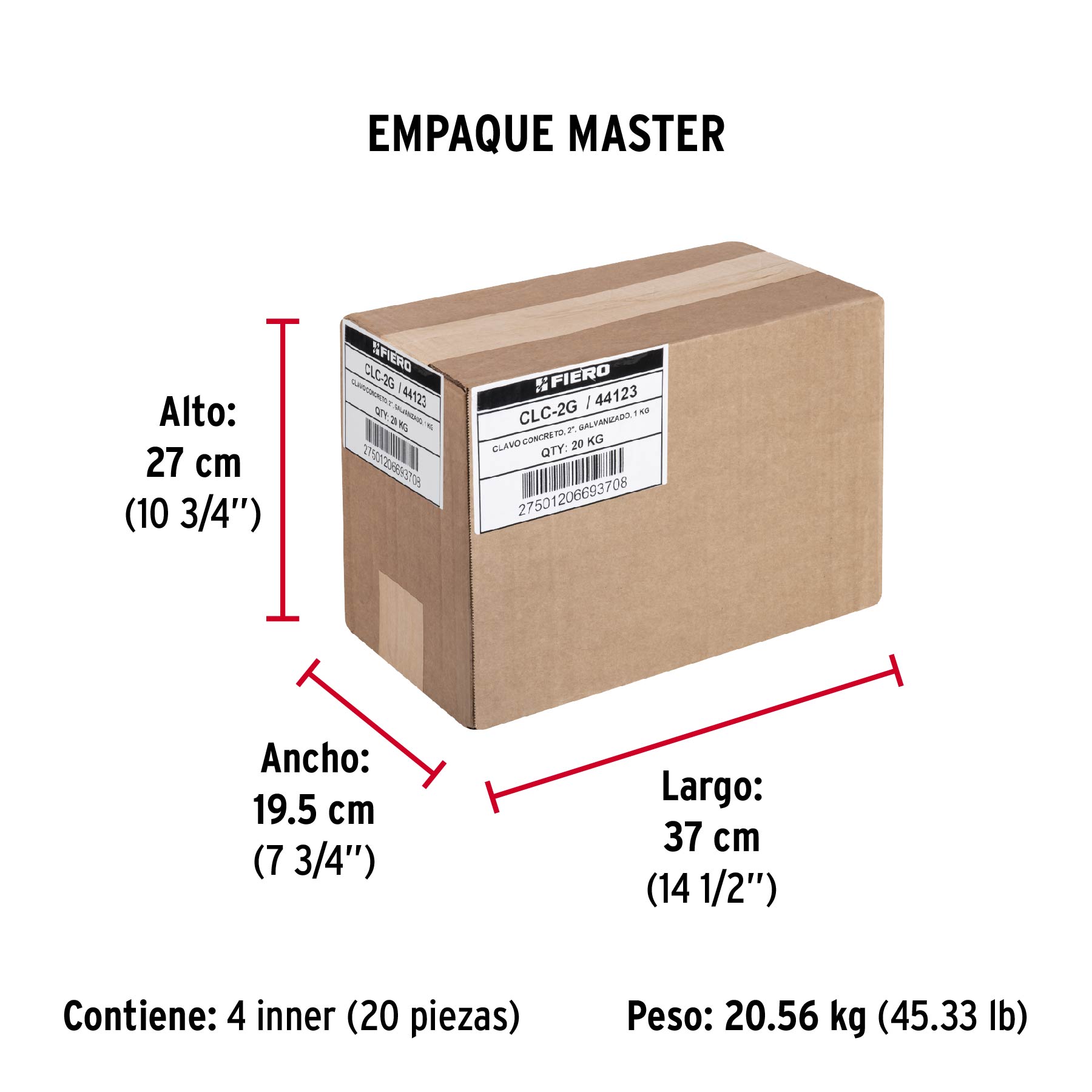 Bolsa con 1 kg de clavos para concreto galvanizados 2" - Empaque