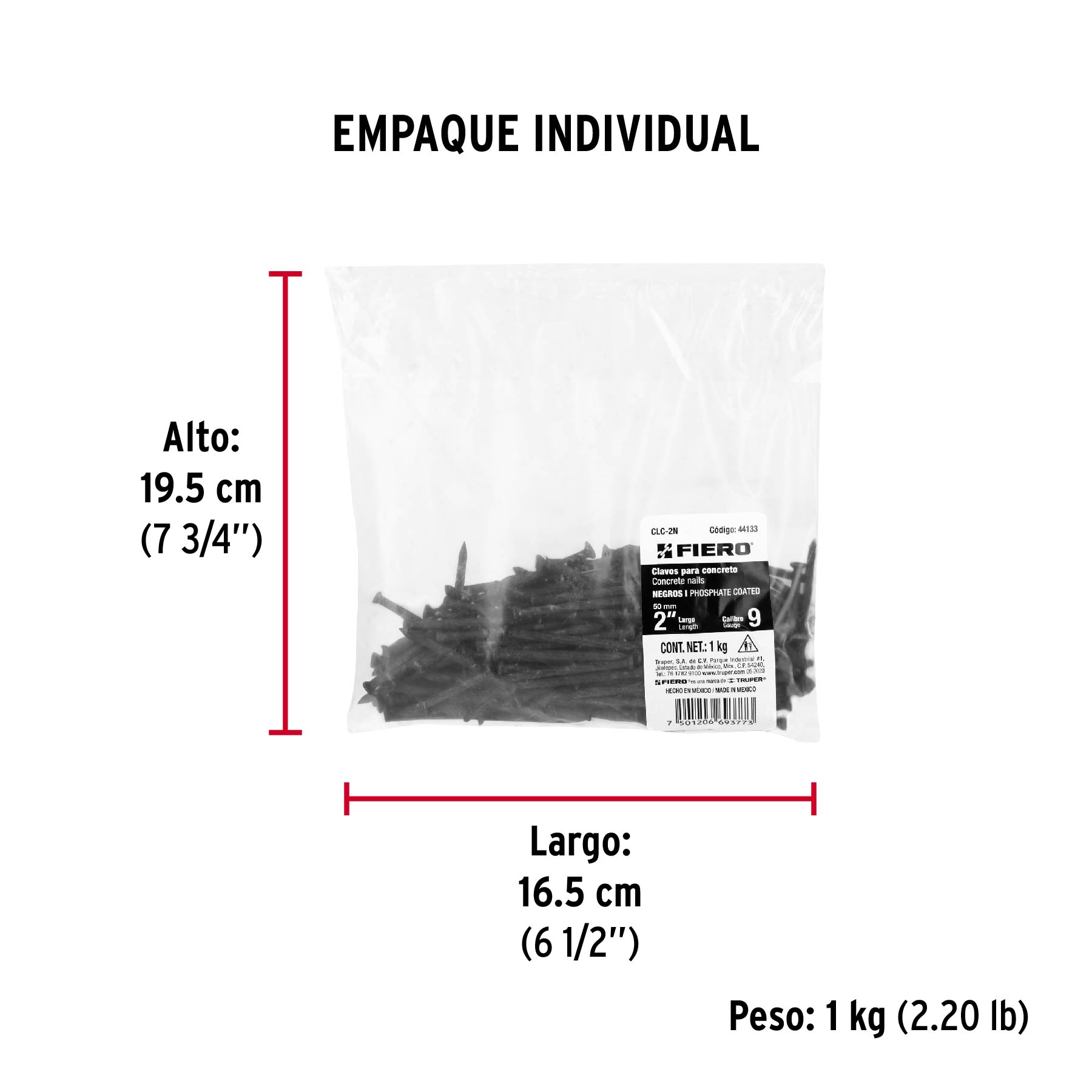 Bolsa con 1 kg de clavos para concreto negros 2", FIERO - Empaque