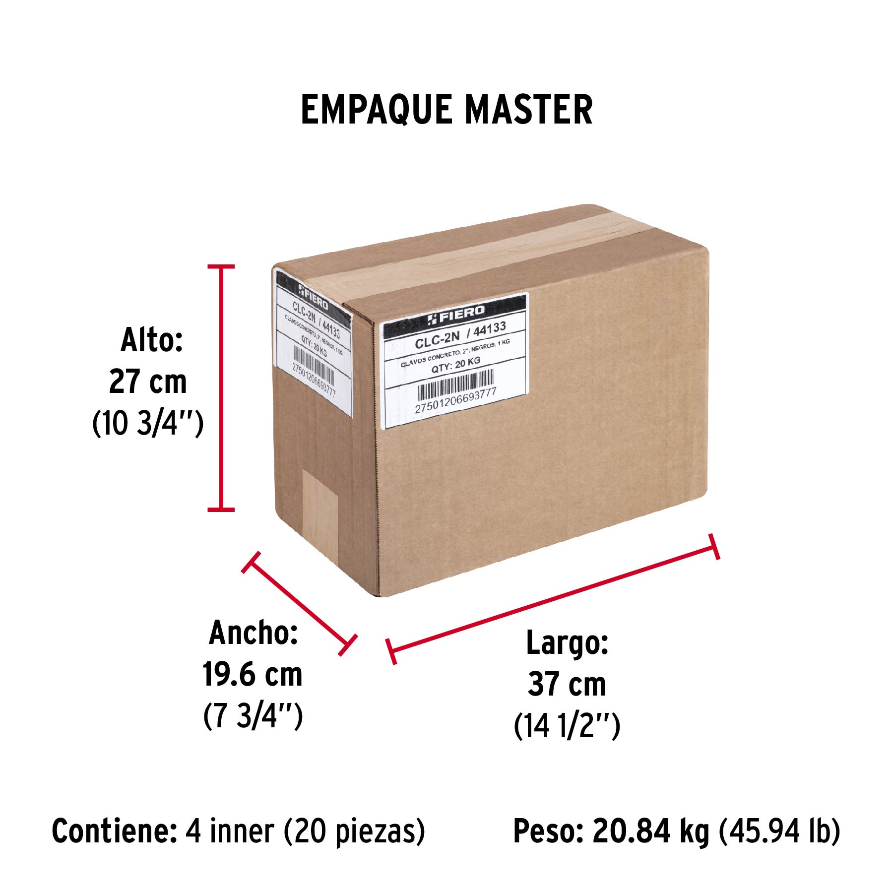 Bolsa con 1 kg de clavos para concreto negros 2", FIERO - Empaque