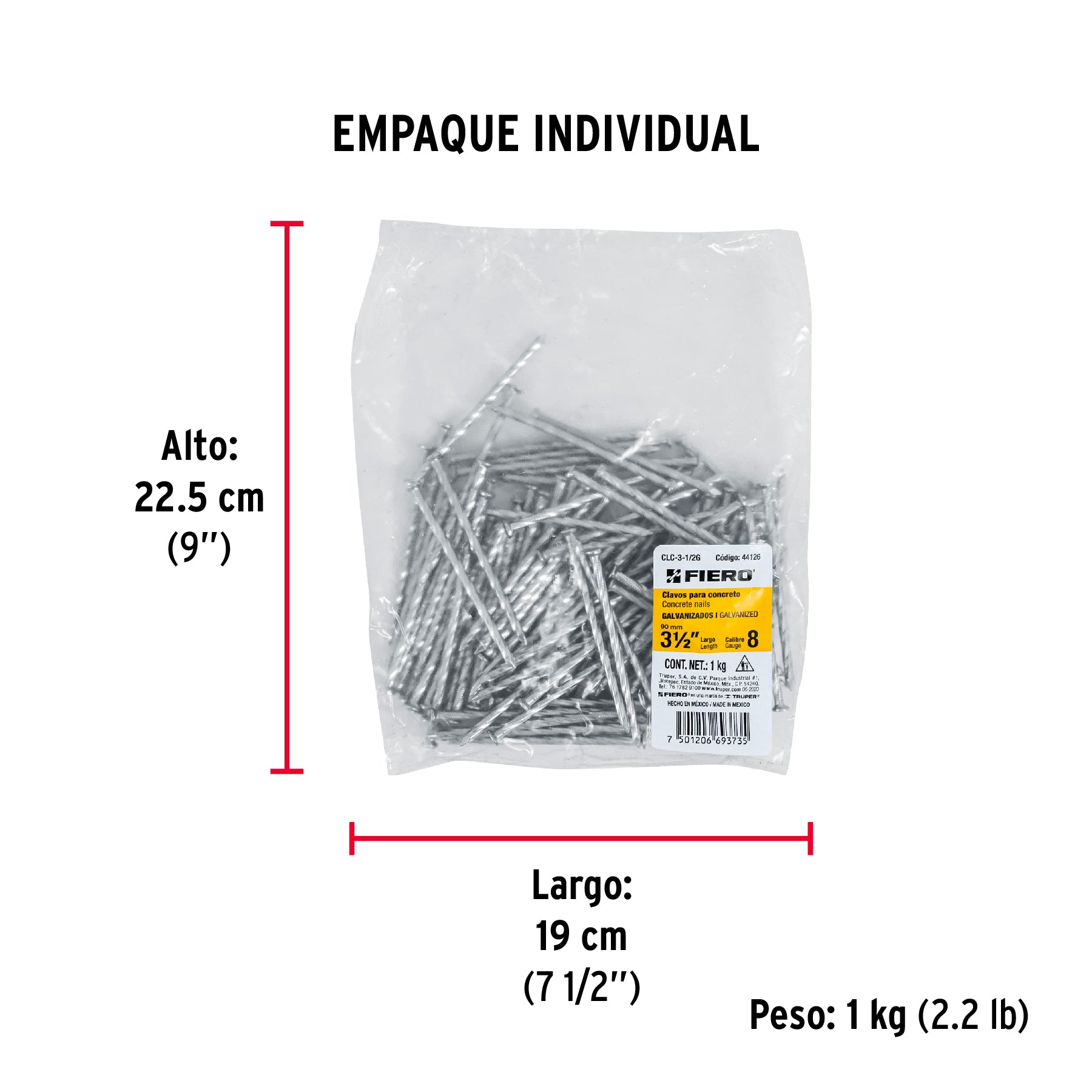 Bolsa con 1 kg de clavos para concreto galvanizados 3-1/2" - Empaque