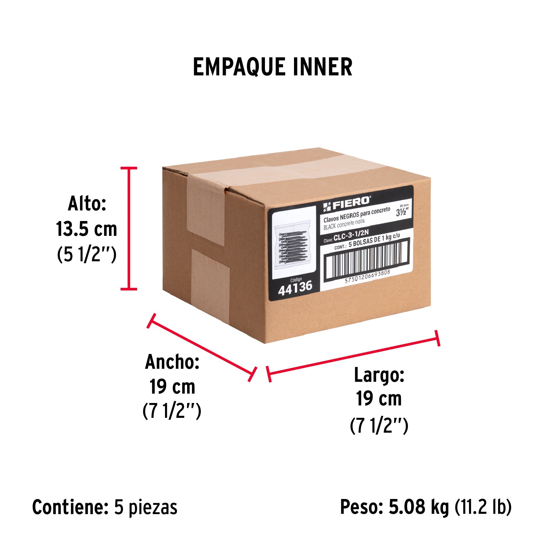 Bolsa con 1 kg de clavos para concreto negros 3-1/2", FIERO - Empaque