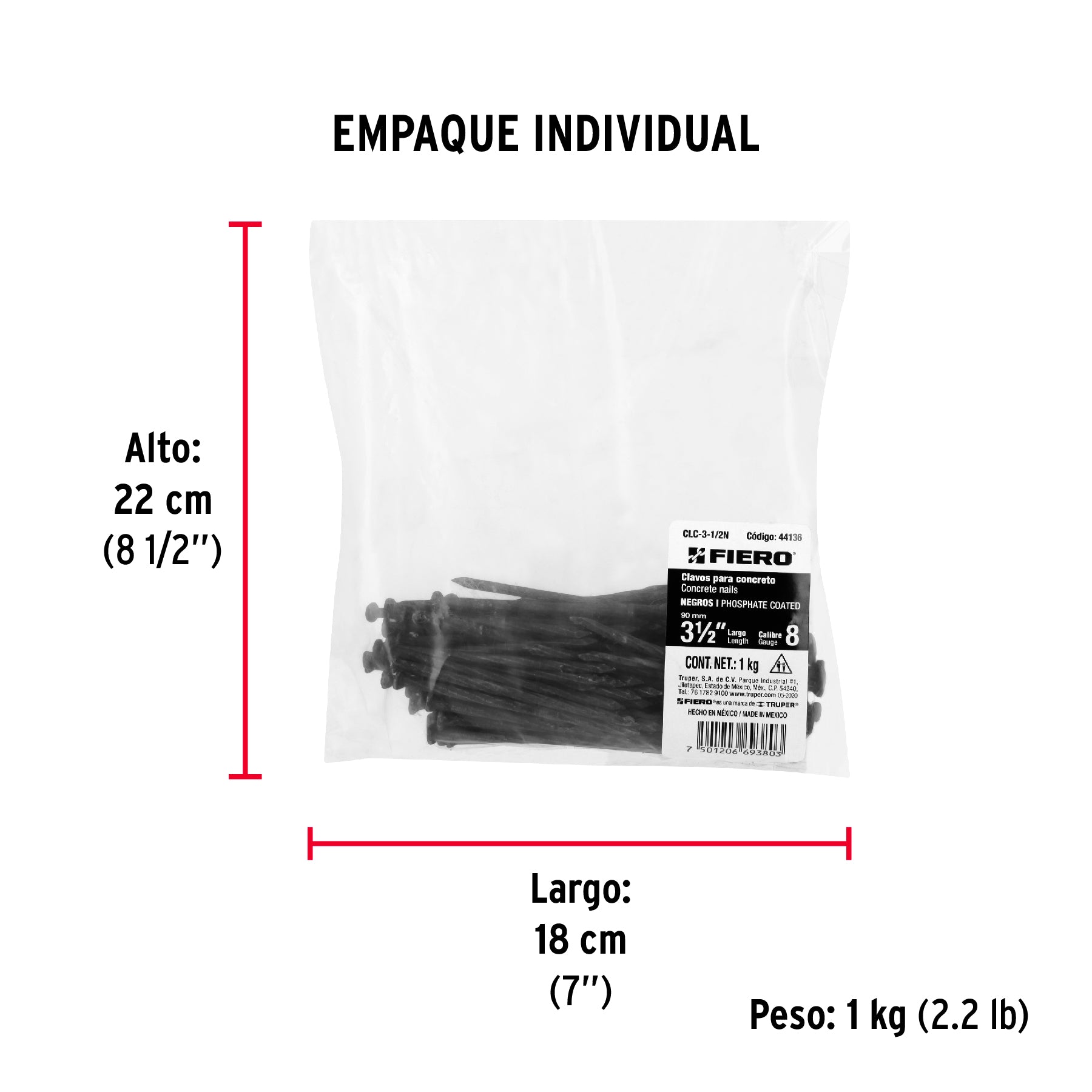 Bolsa con 1 kg de clavos para concreto negros 3-1/2", FIERO - Empaque