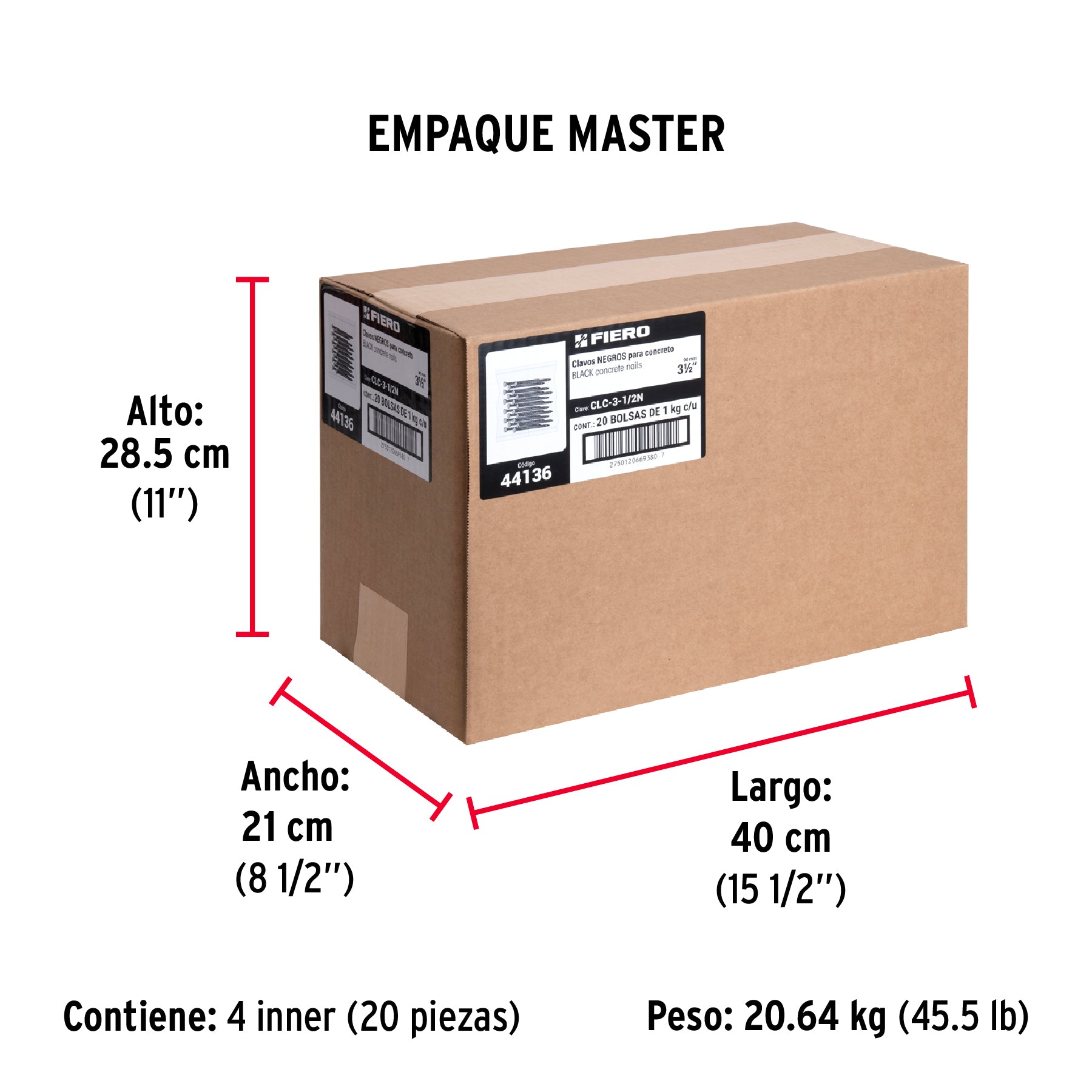 Bolsa con 1 kg de clavos para concreto negros 3-1/2", FIERO - Empaque