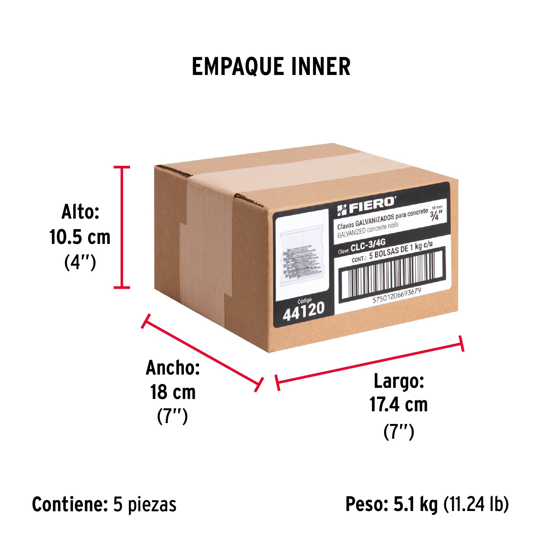 Bolsa con 1 kg de clavos para concreto galvanizados 3/4" - Empaque