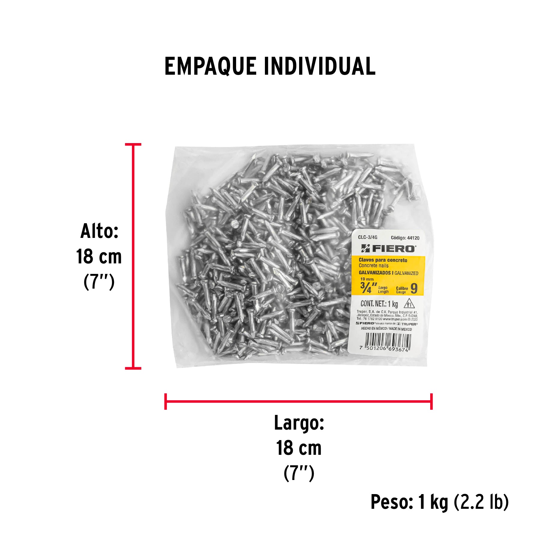 Bolsa con 1 kg de clavos para concreto galvanizados 3/4" - Empaque