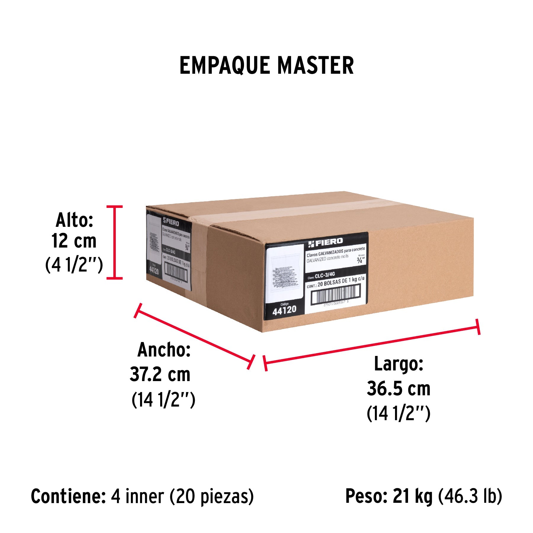 Bolsa con 1 kg de clavos para concreto galvanizados 3/4" - Empaque
