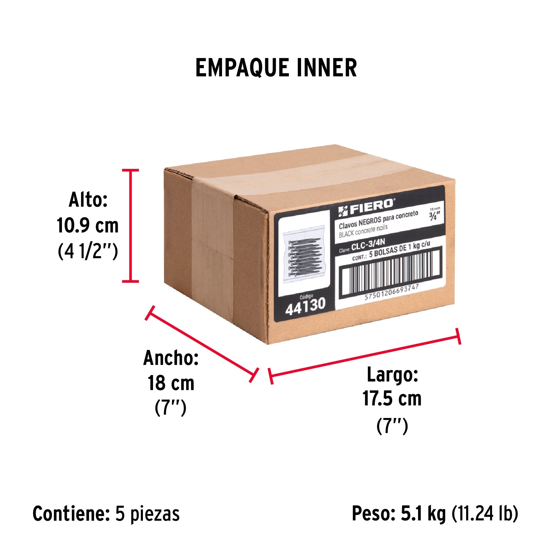 Bolsa con 1 kg de clavos para concreto negros 3/4", FIERO - Empaque