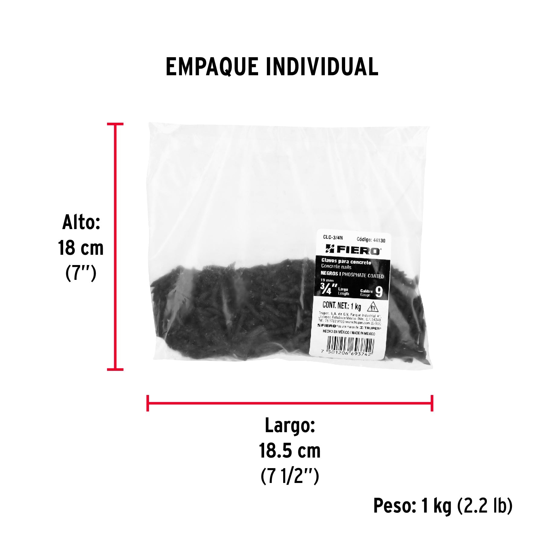 Bolsa con 1 kg de clavos para concreto negros 3/4", FIERO - Empaque