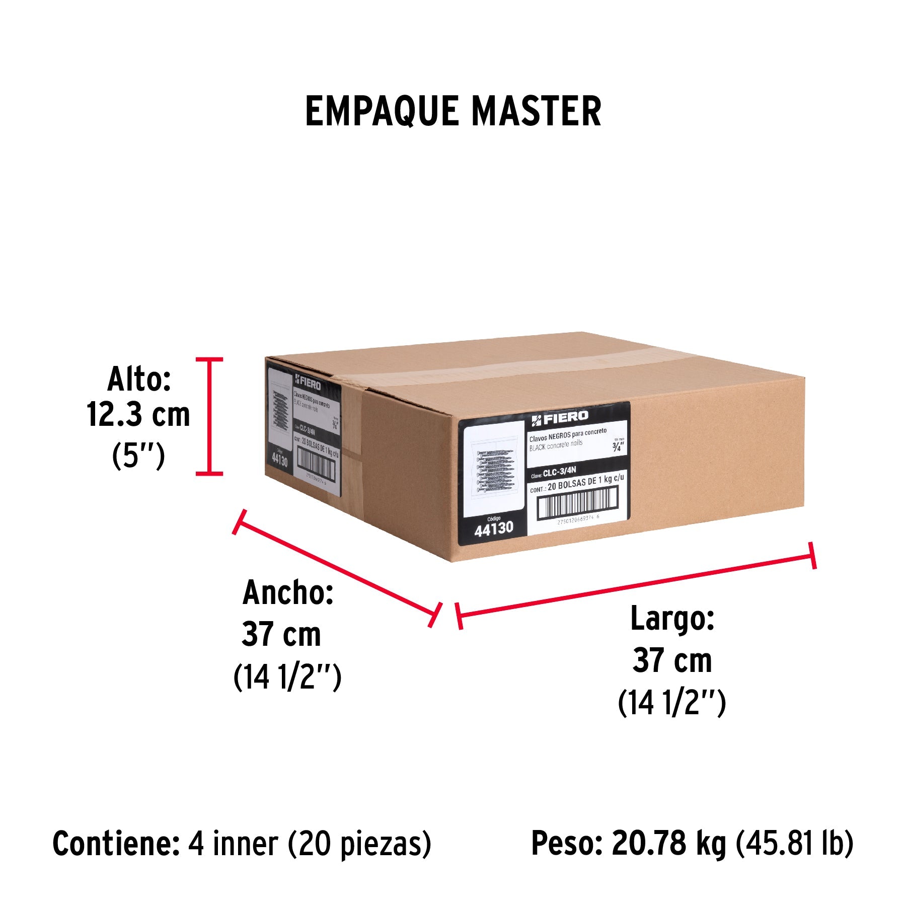 Bolsa con 1 kg de clavos para concreto negros 3/4", FIERO - Empaque