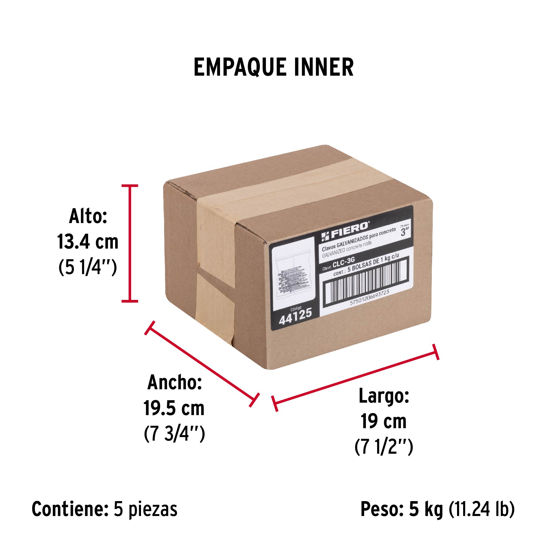 Bolsa con 1 kg de clavos para concreto galvanizados 3" - Empaque