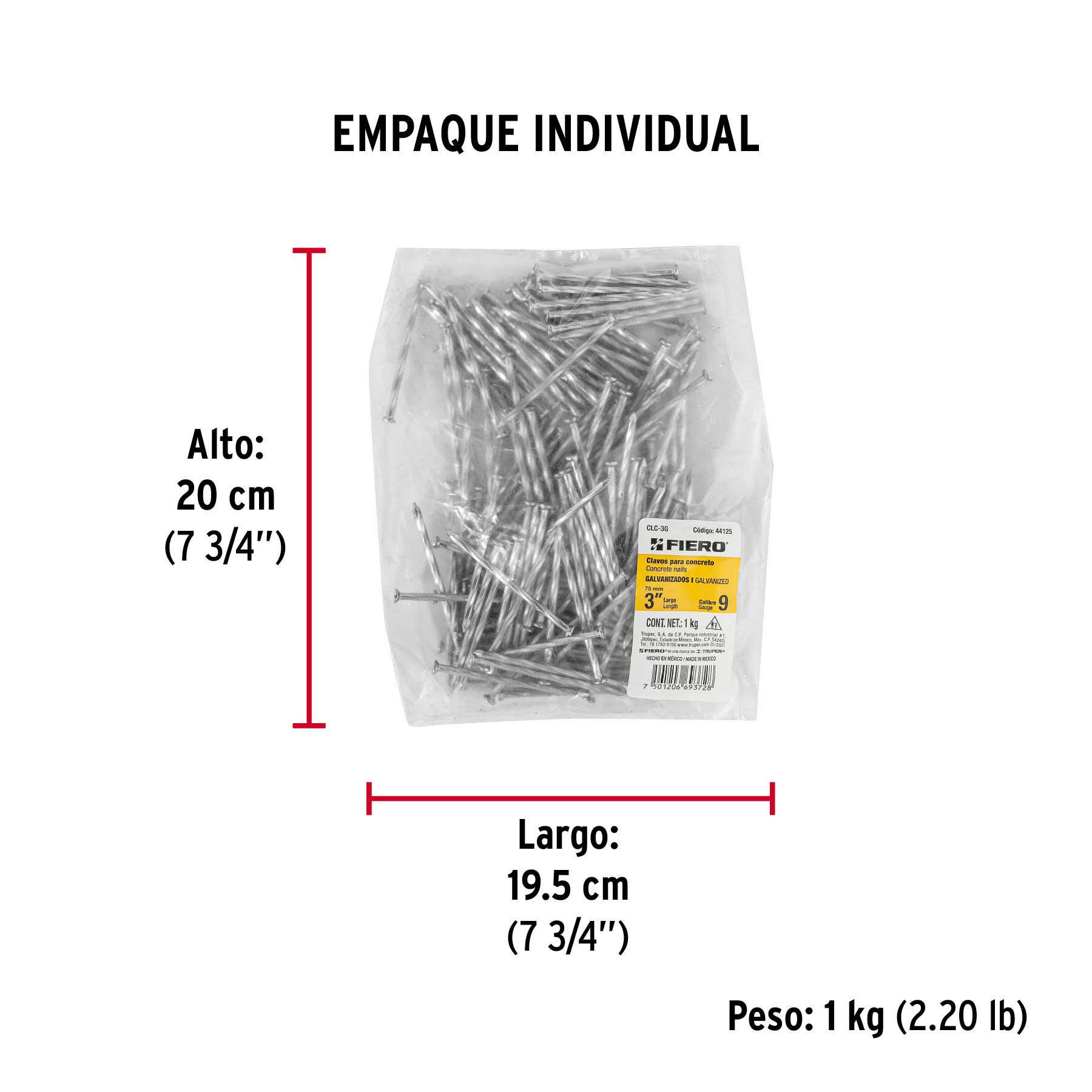 Bolsa con 1 kg de clavos para concreto galvanizados 3" - Empaque
