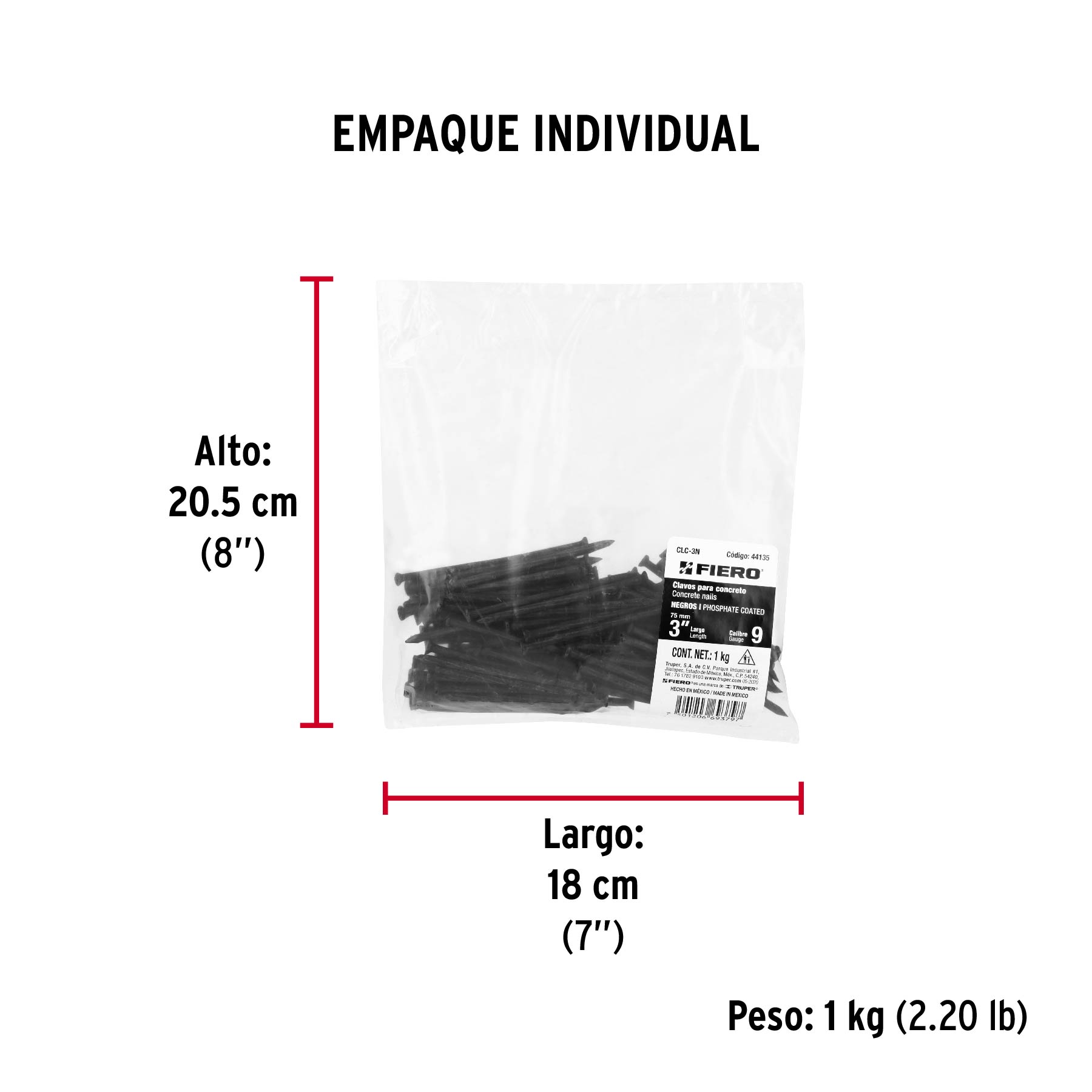 Bolsa con 1 kg de clavos para concreto negros 3", FIERO - Empaque