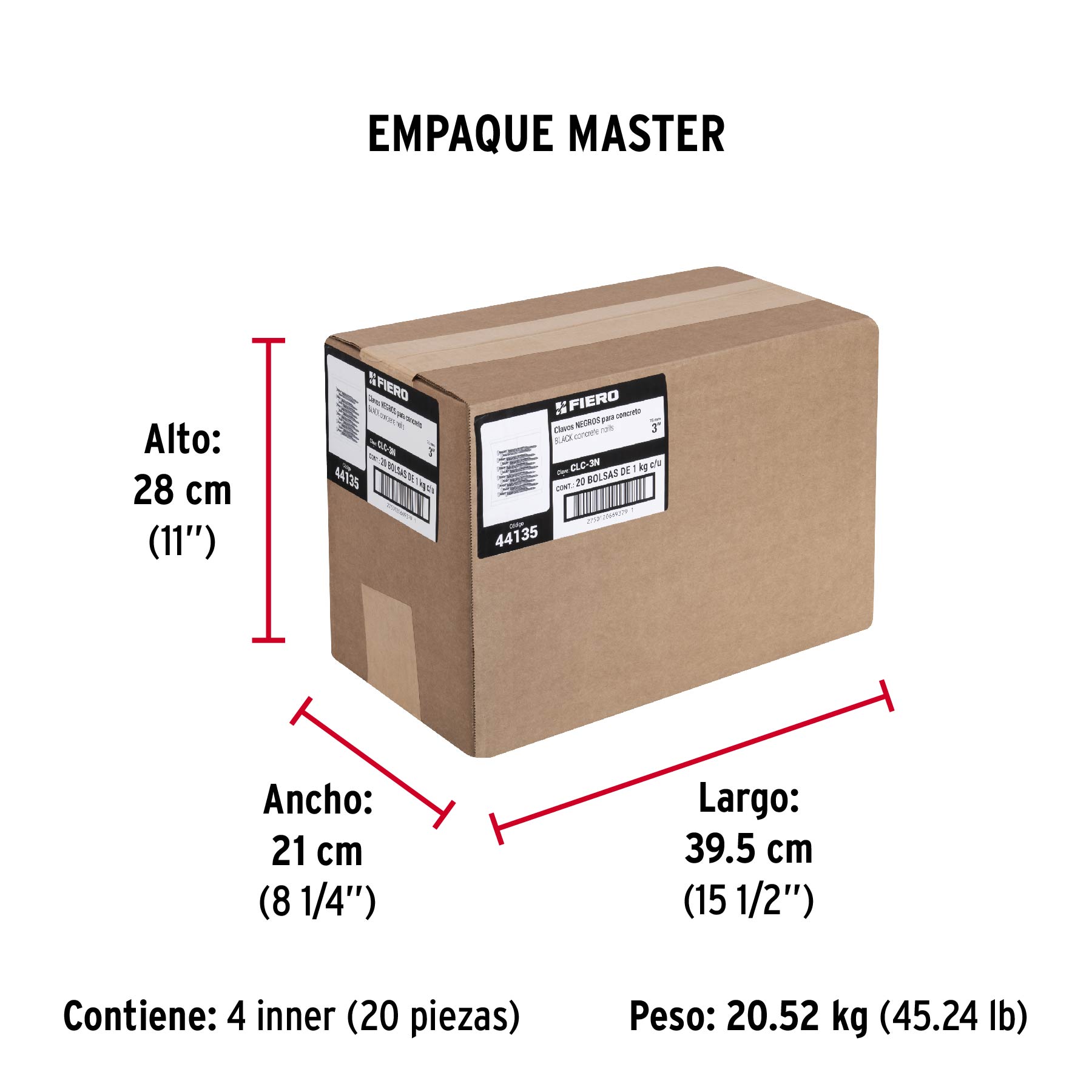 Bolsa con 1 kg de clavos para concreto negros 3", FIERO - Empaque