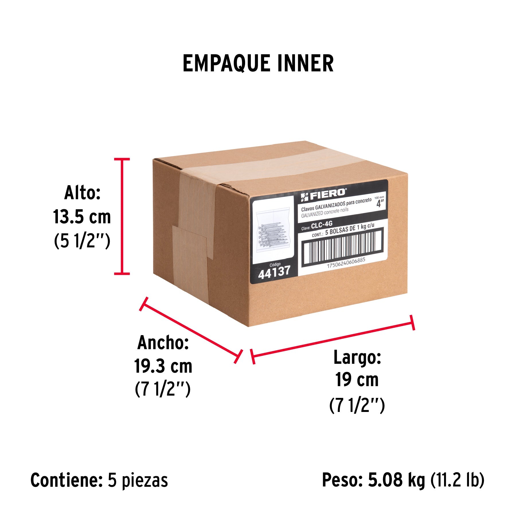 Bolsa con 1 kg de clavos para concreto galvanizados 4" - Empaque