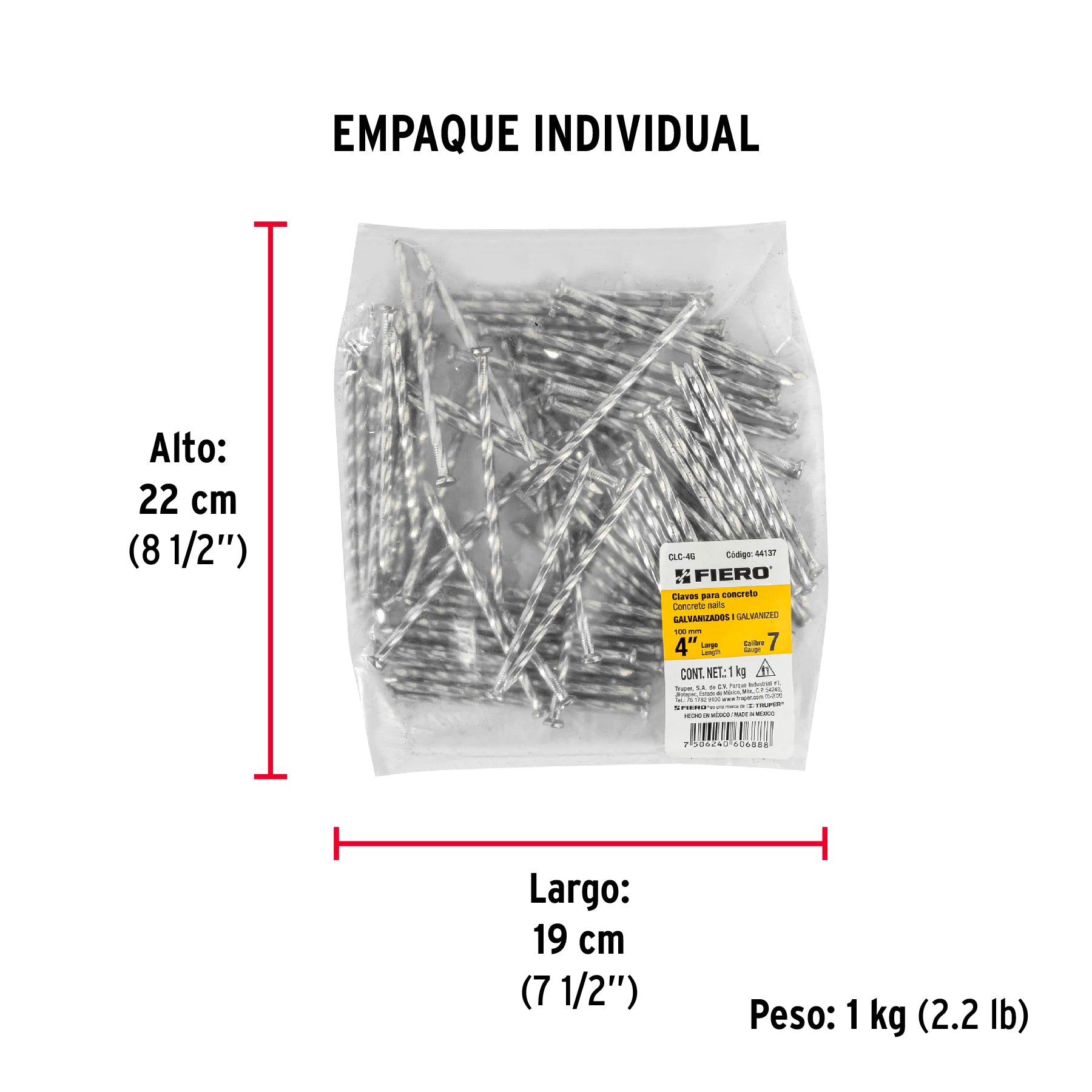 Bolsa con 1 kg de clavos para concreto galvanizados 4" - Empaque