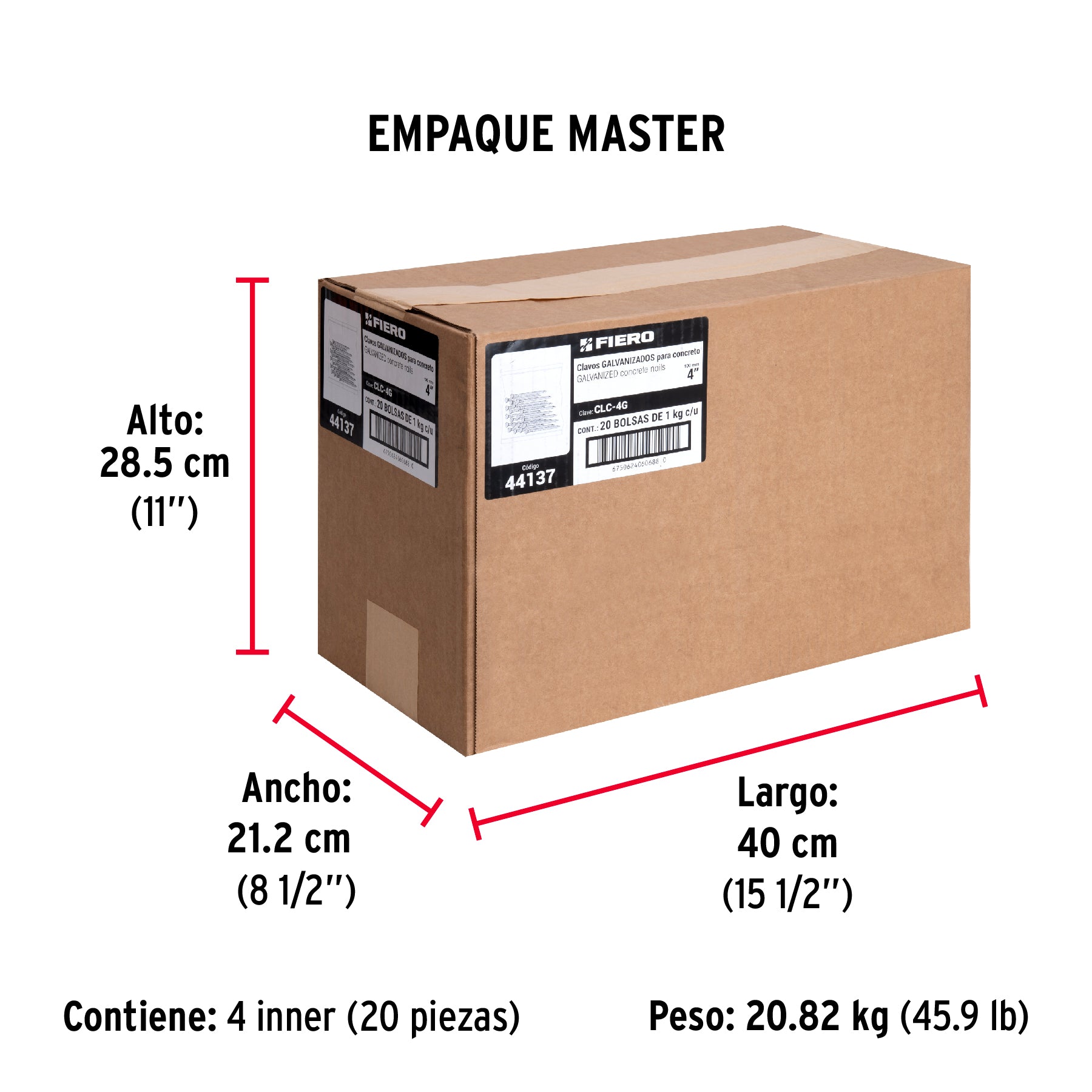 Bolsa con 1 kg de clavos para concreto galvanizados 4" - Empaque
