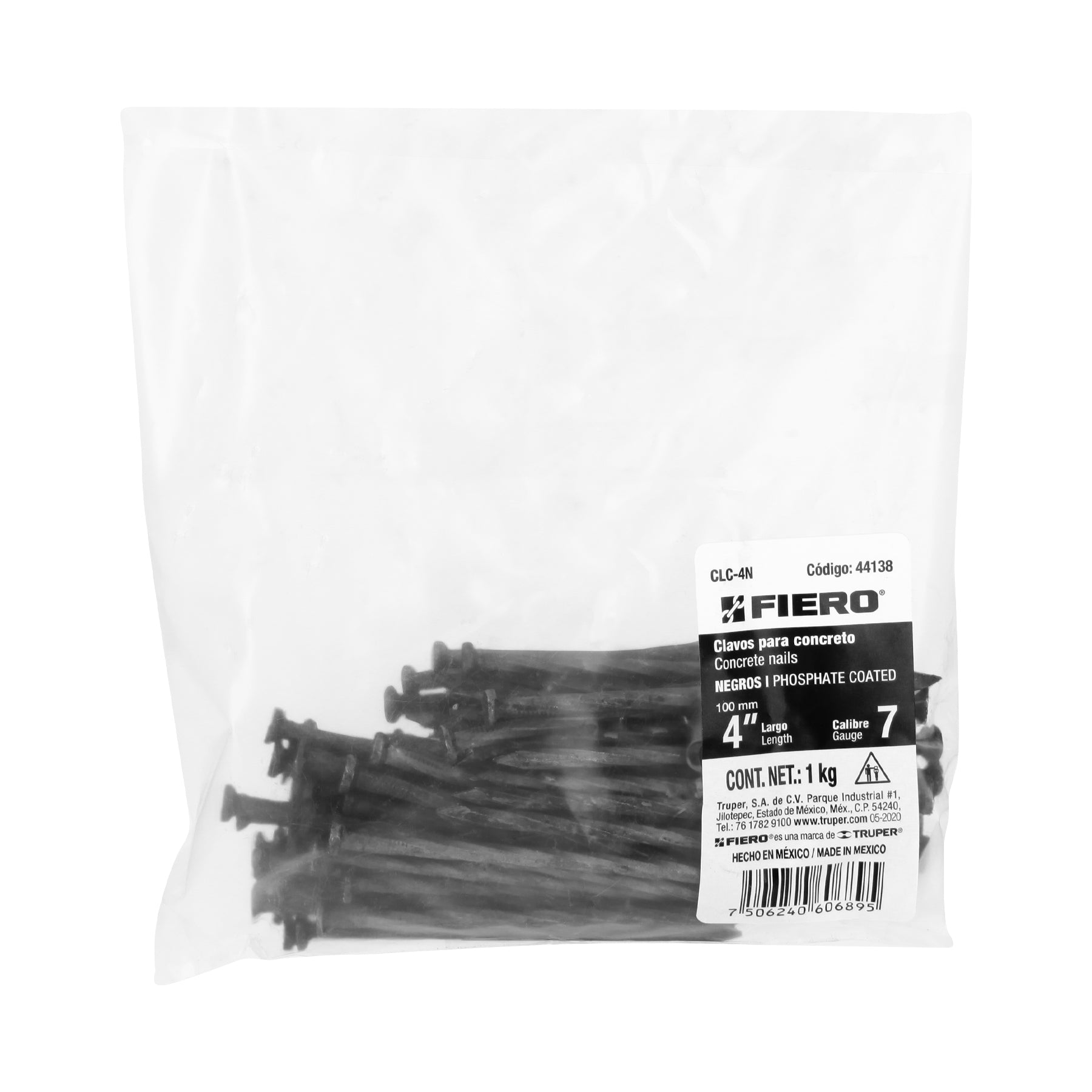 Bolsa con 1 kg de clavos para concreto negros 4", FIERO