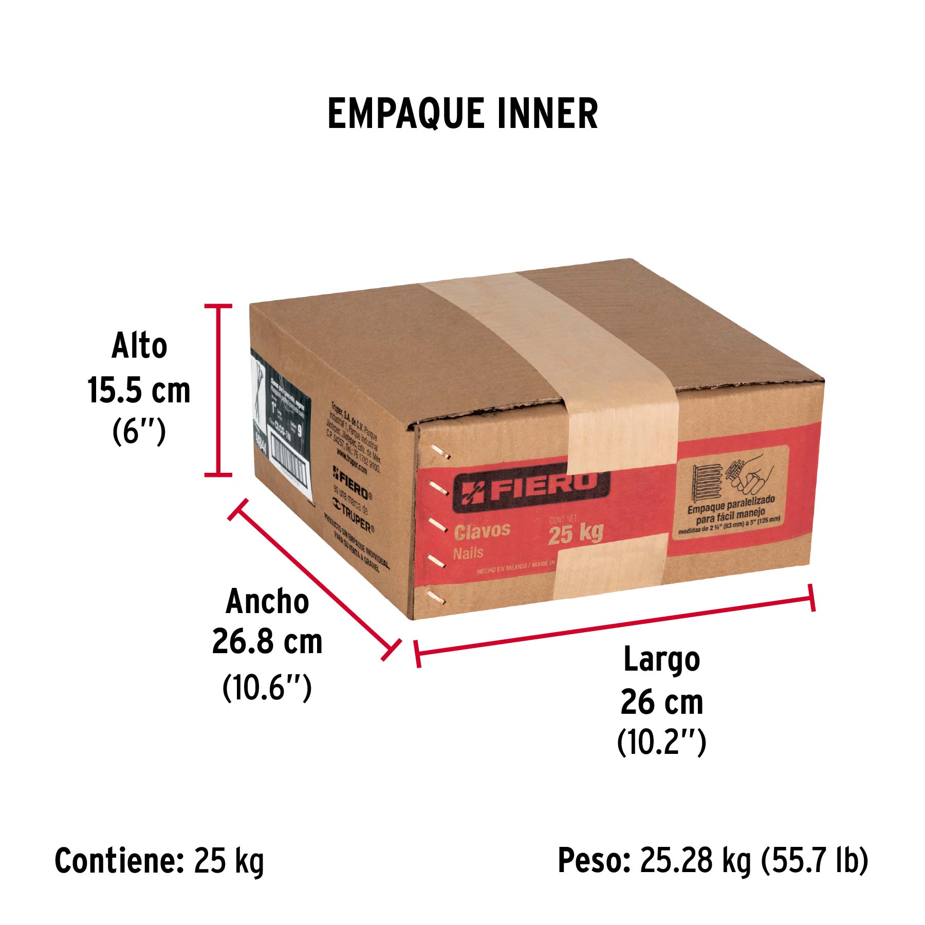 Kilo de clavos para concreto 1"negros, caja de 25 kg, FIERO - Empaque