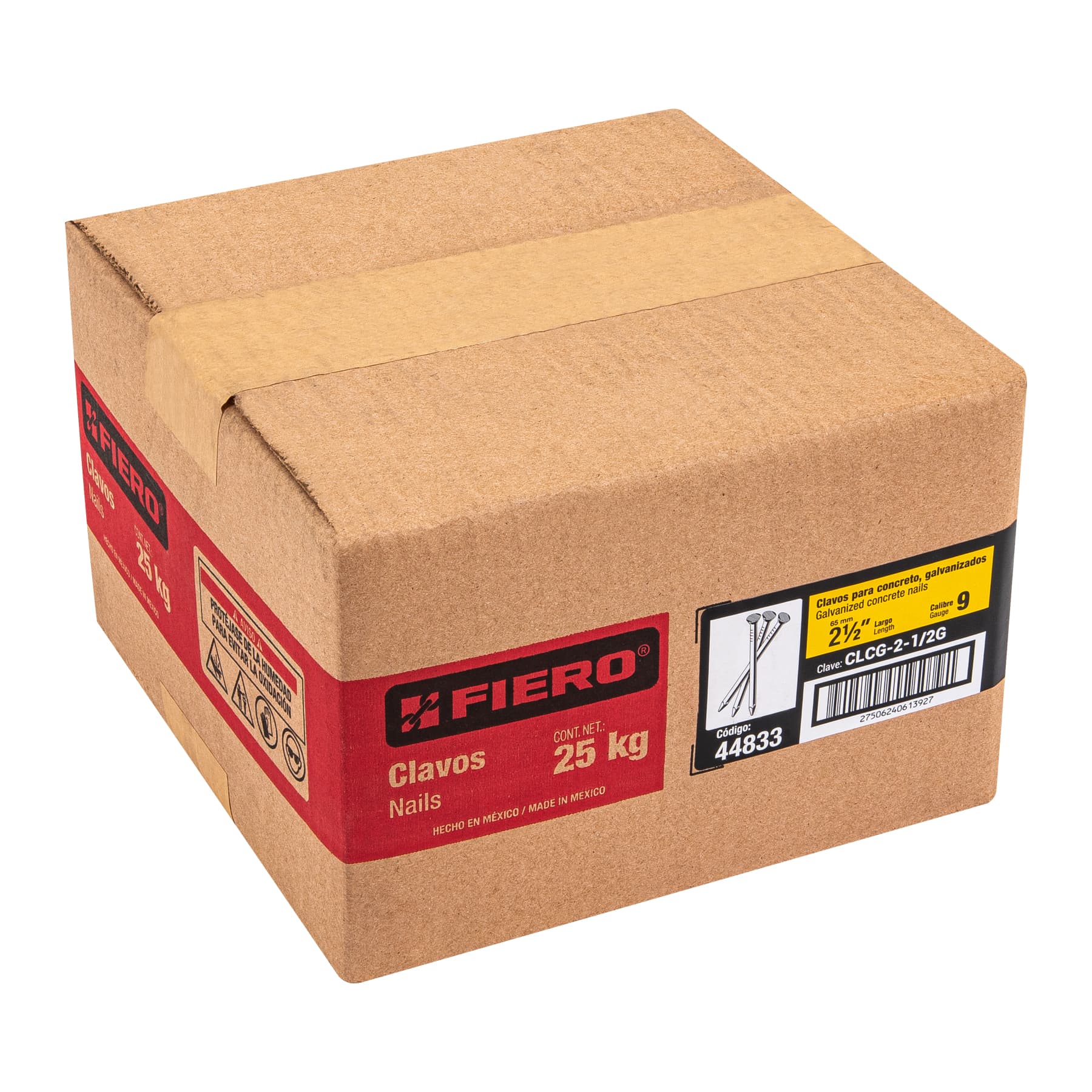 Kilo de clavos para concreto 2-1/2"galvanizado,caja de 25 kg