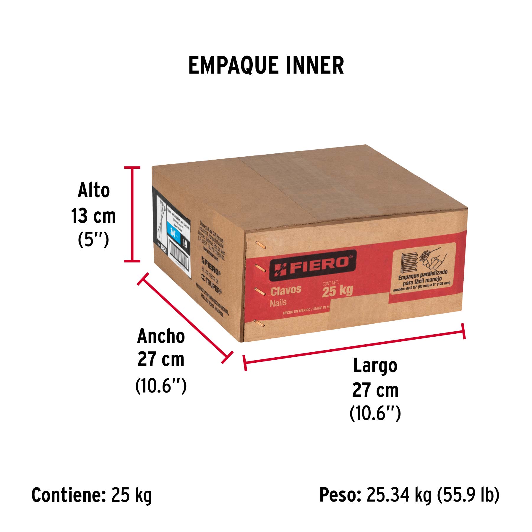 Kilo de clavos para concreto 3/4" galvanizado, caja de 25 kg - Empaque