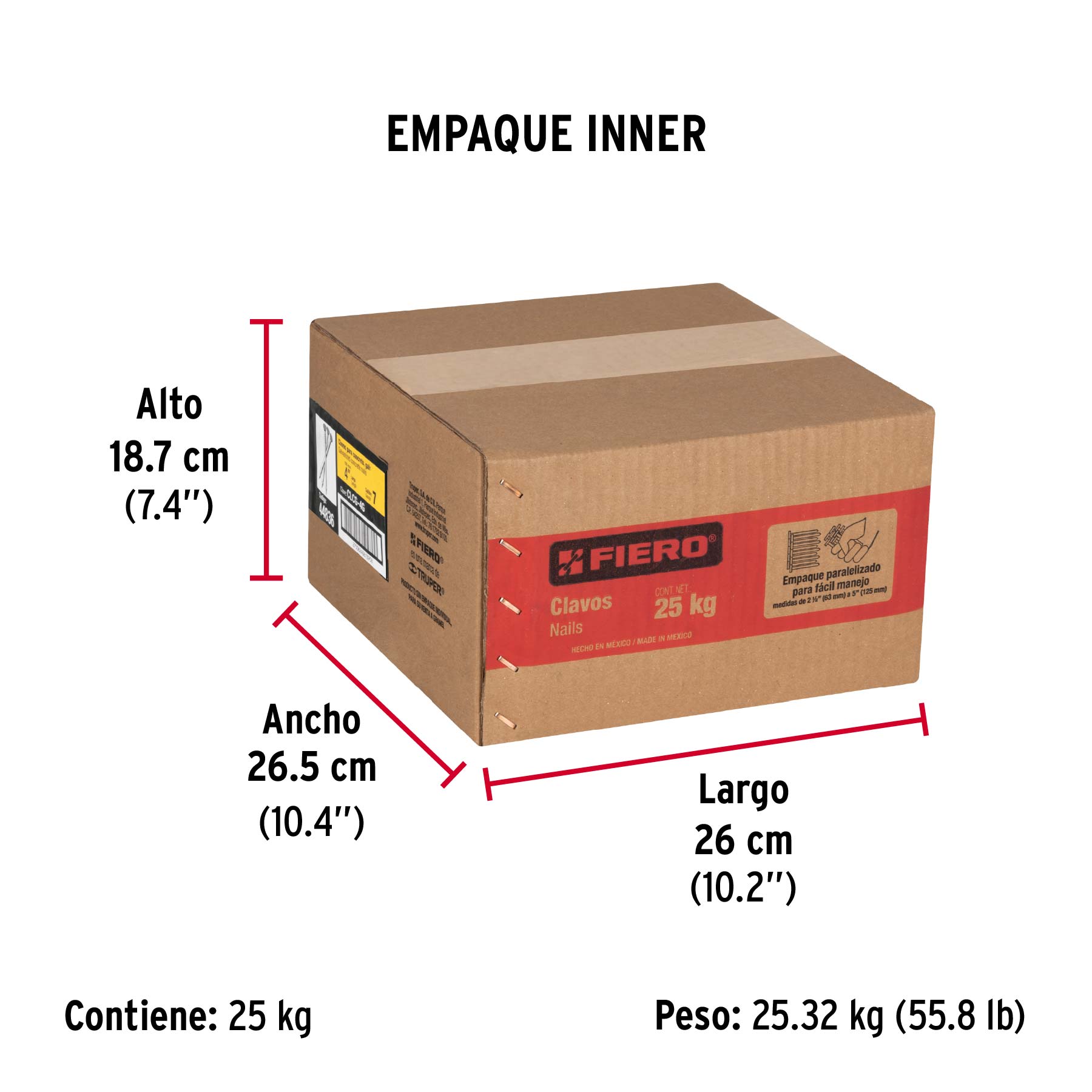 Kilo de clavos para concreto 4" galvanizado, caja de 25 kg - Empaque