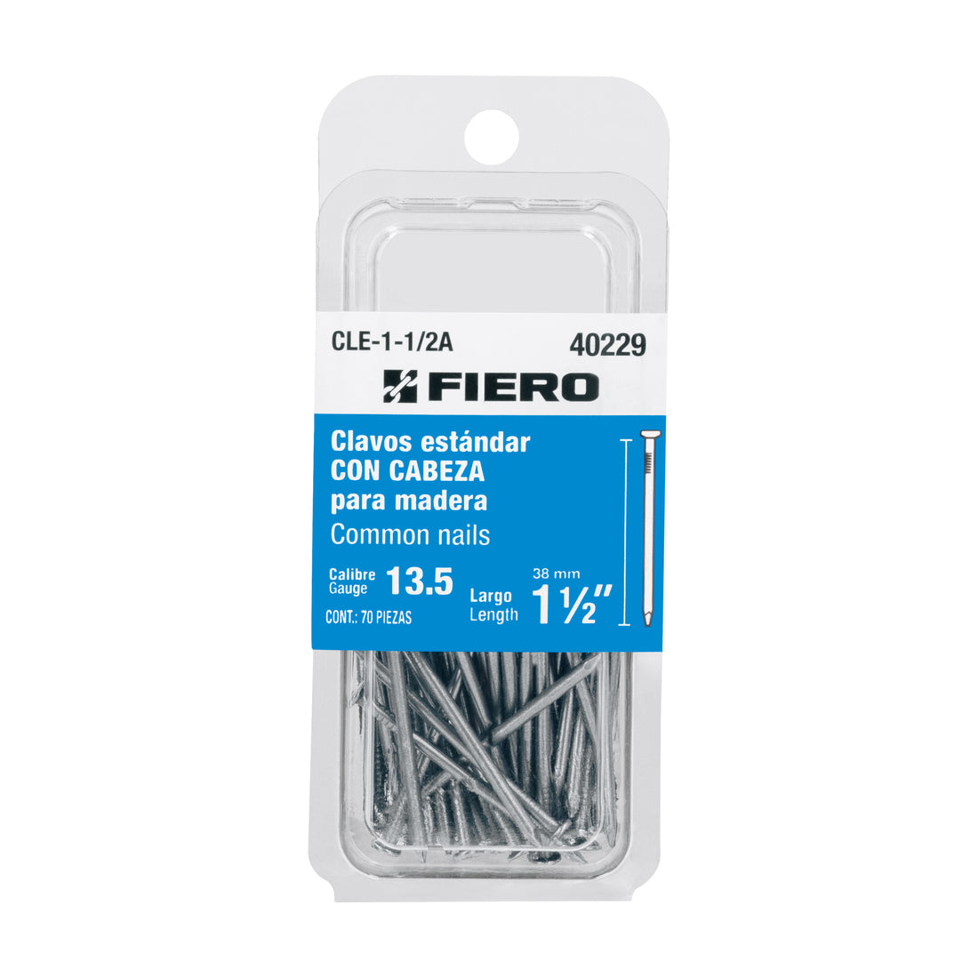 Blíster con 70 clavos estándar 1-1/2" con cabeza, FIERO