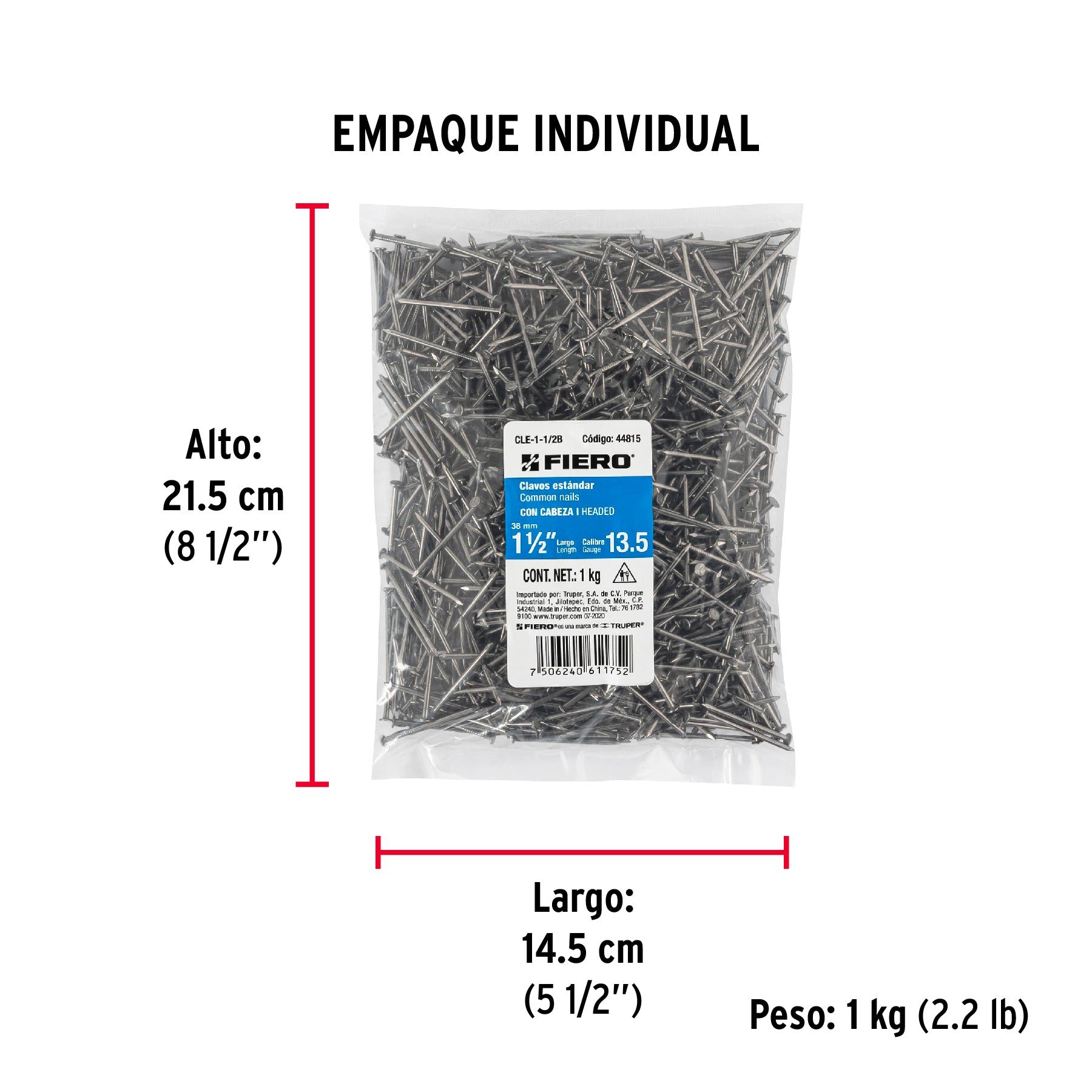 Bolsa con 1 kg de clavo estándar 1-1/2" con cabeza, FIERO - Empaque