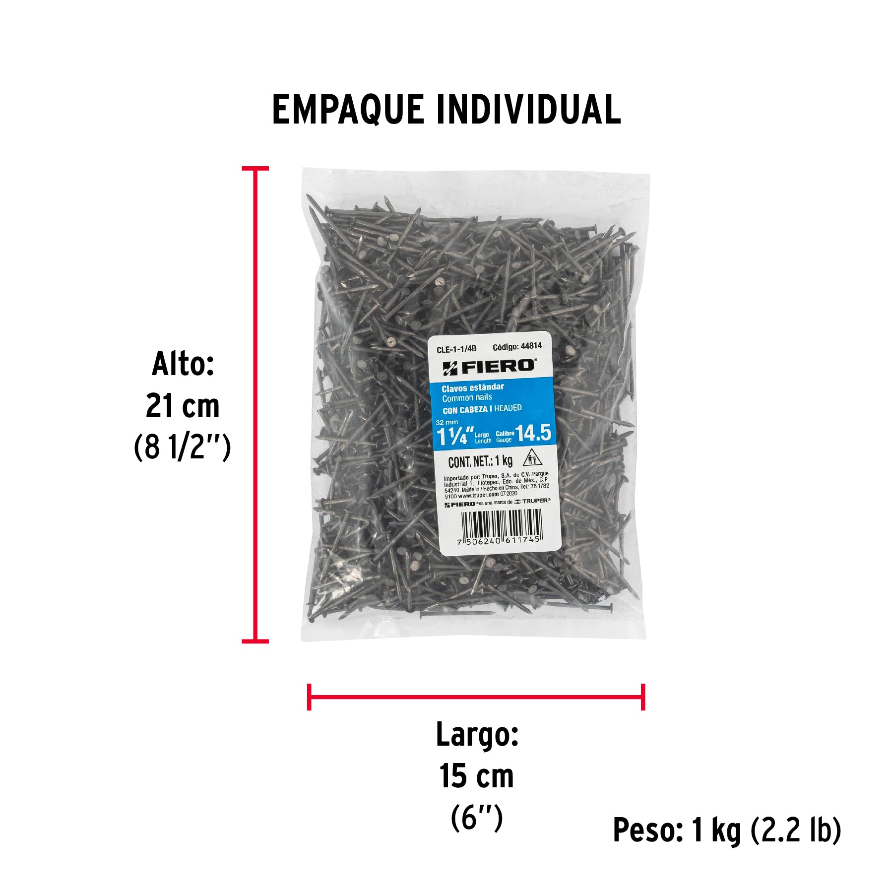 Bolsa con 1 kg de clavo estándar 1-1/4" con cabeza, FIERO - Empaque