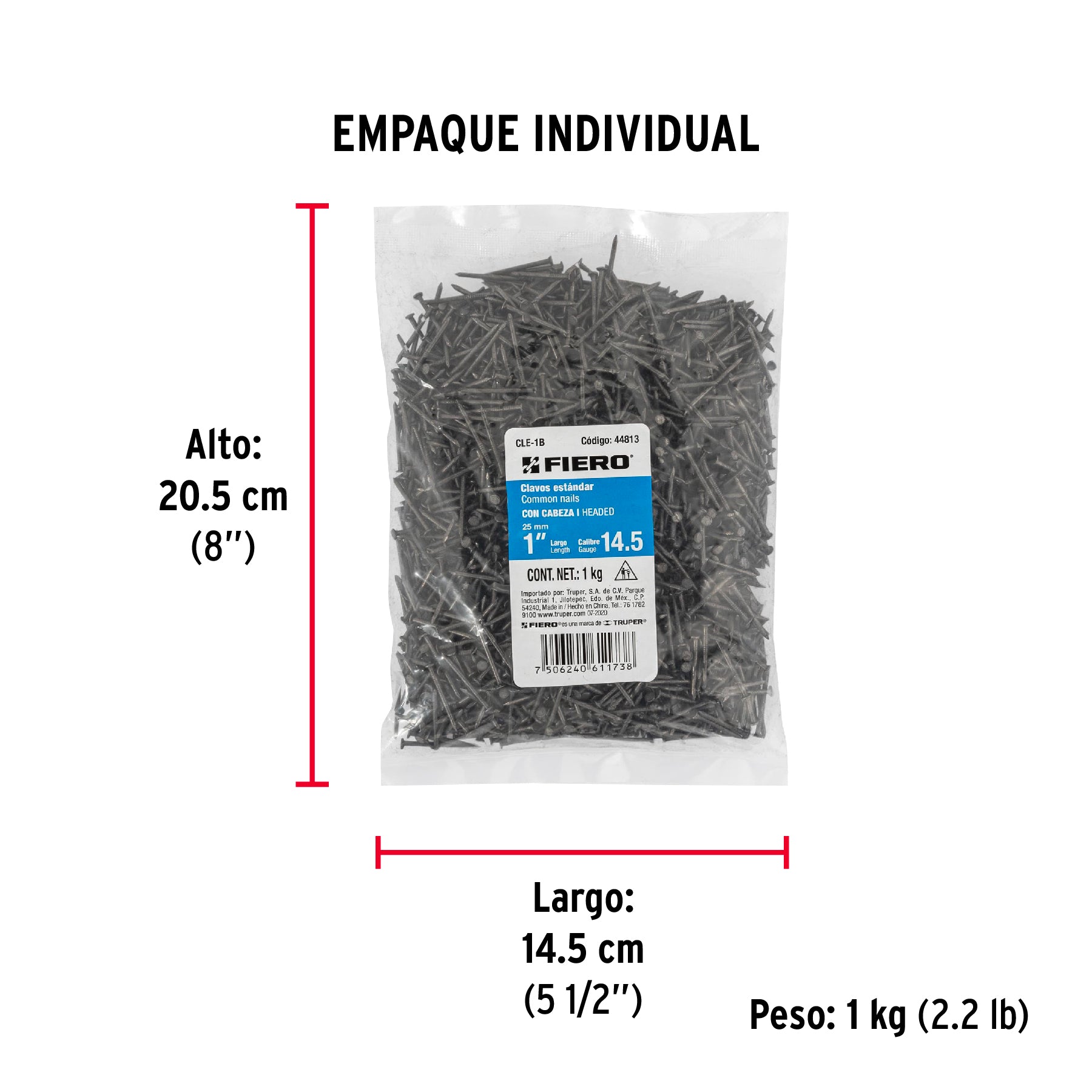 Bolsa con 1 kg de clavo estándar 1" con cabeza, FIERO - Empaque