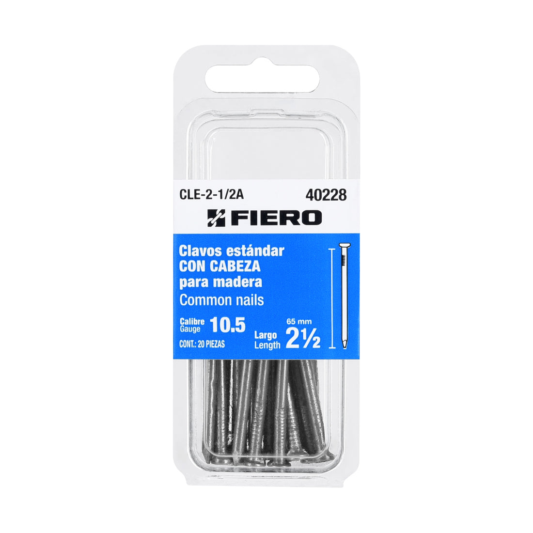 Blíster con 20 clavos estándar 2-1/2" con cabeza, FIERO