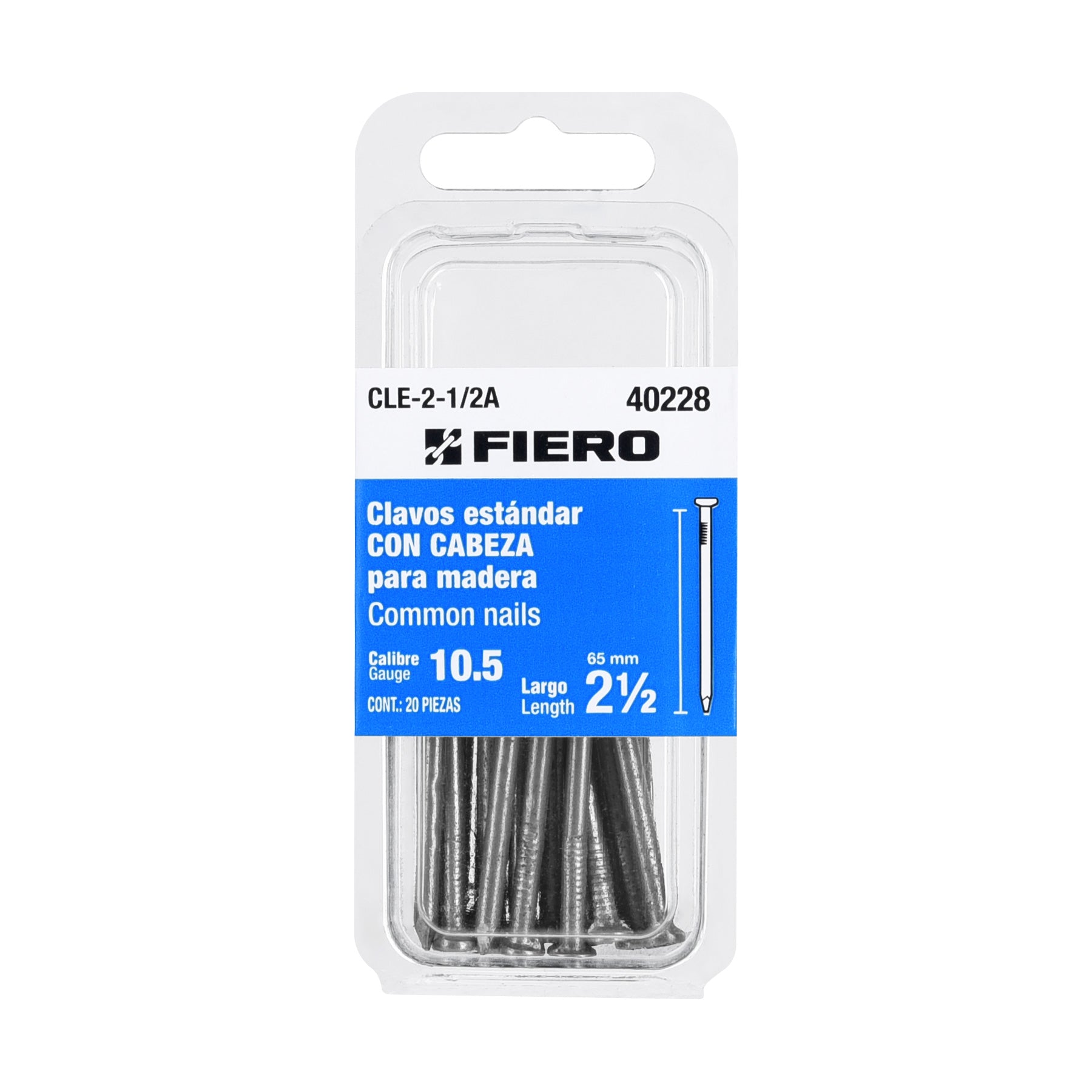 Blíster con 20 clavos estándar 2-1/2" con cabeza, FIERO