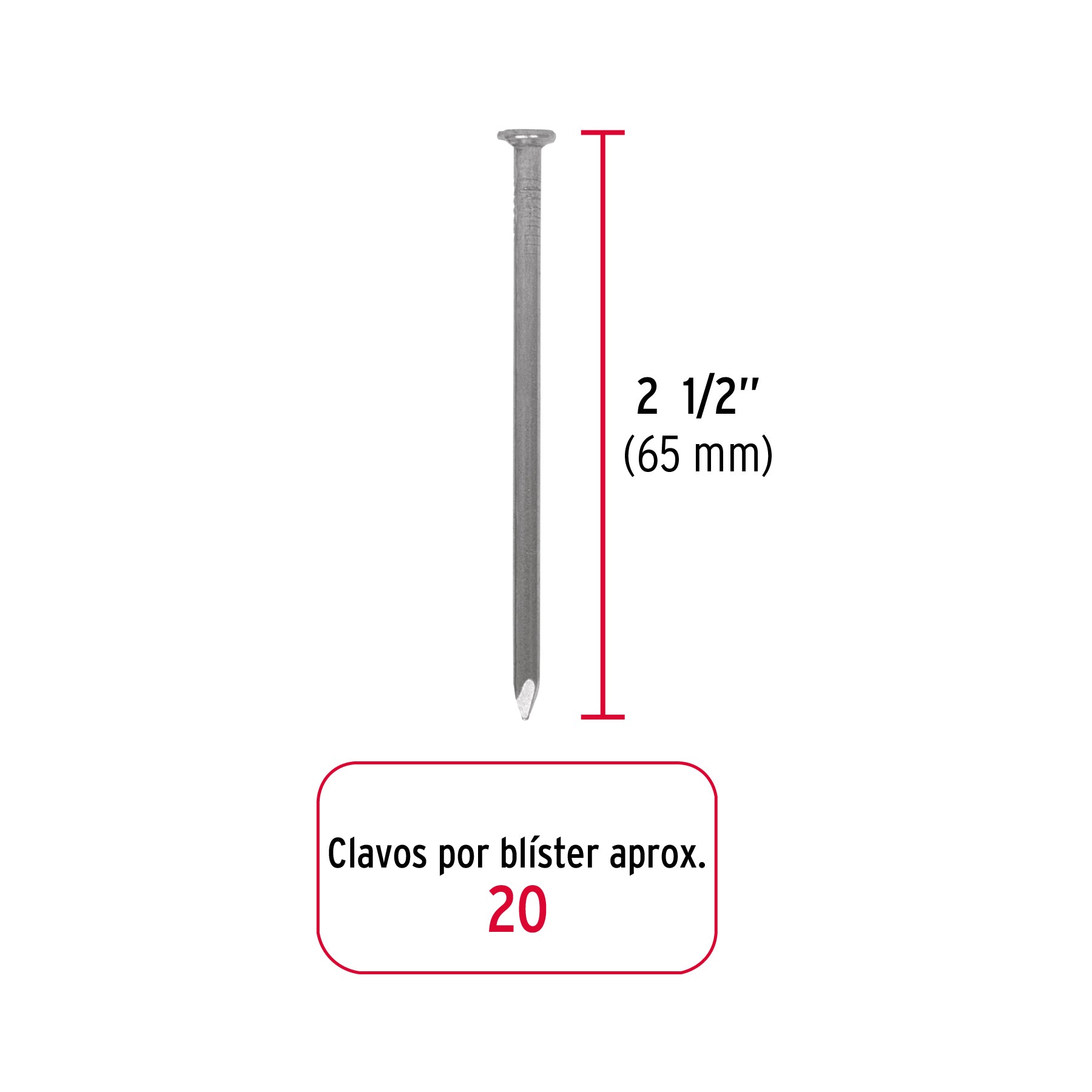 Blíster con 20 clavos estándar 2-1/2" con cabeza, FIERO